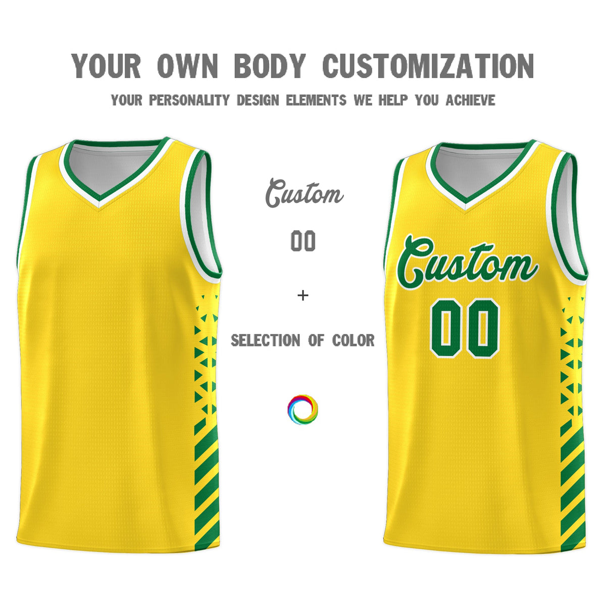 Custom Gold Kelly Green White Side Diamond Shapes Stripes Basketball Jersey | For Men,Sublimation Printed,Perfect for Teams,Perfect for Coaches | KXKSHOP