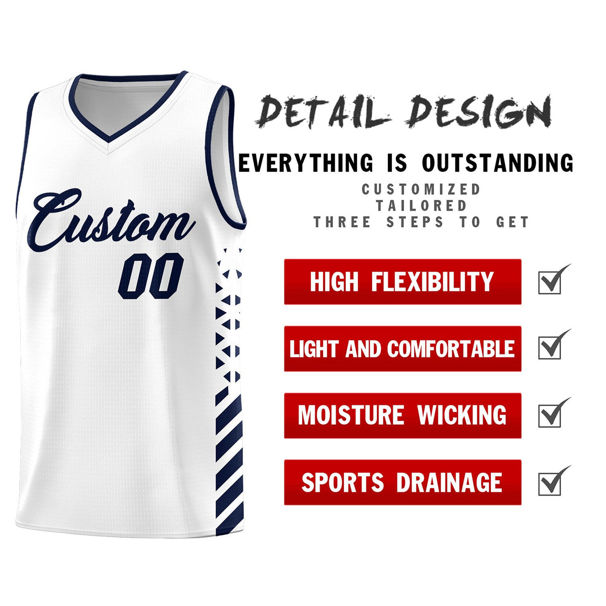 Custom White Navy Side Diamond Shapes Stripes Basketball Jersey | For Men,Sublimation Printed,Perfect for Teams,Perfect for Coaches | KXKSHOP
