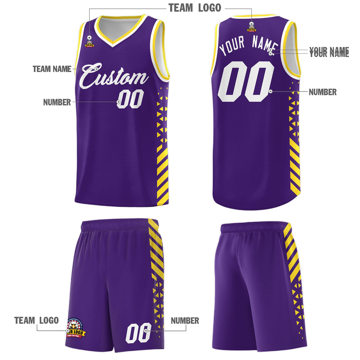 Custom Purple Gold White Side Diamond Shapes Stripes Basketball Jersey | For Men,Sublimation Printed,Perfect for Teams,Perfect for Coaches | KXKSHOP