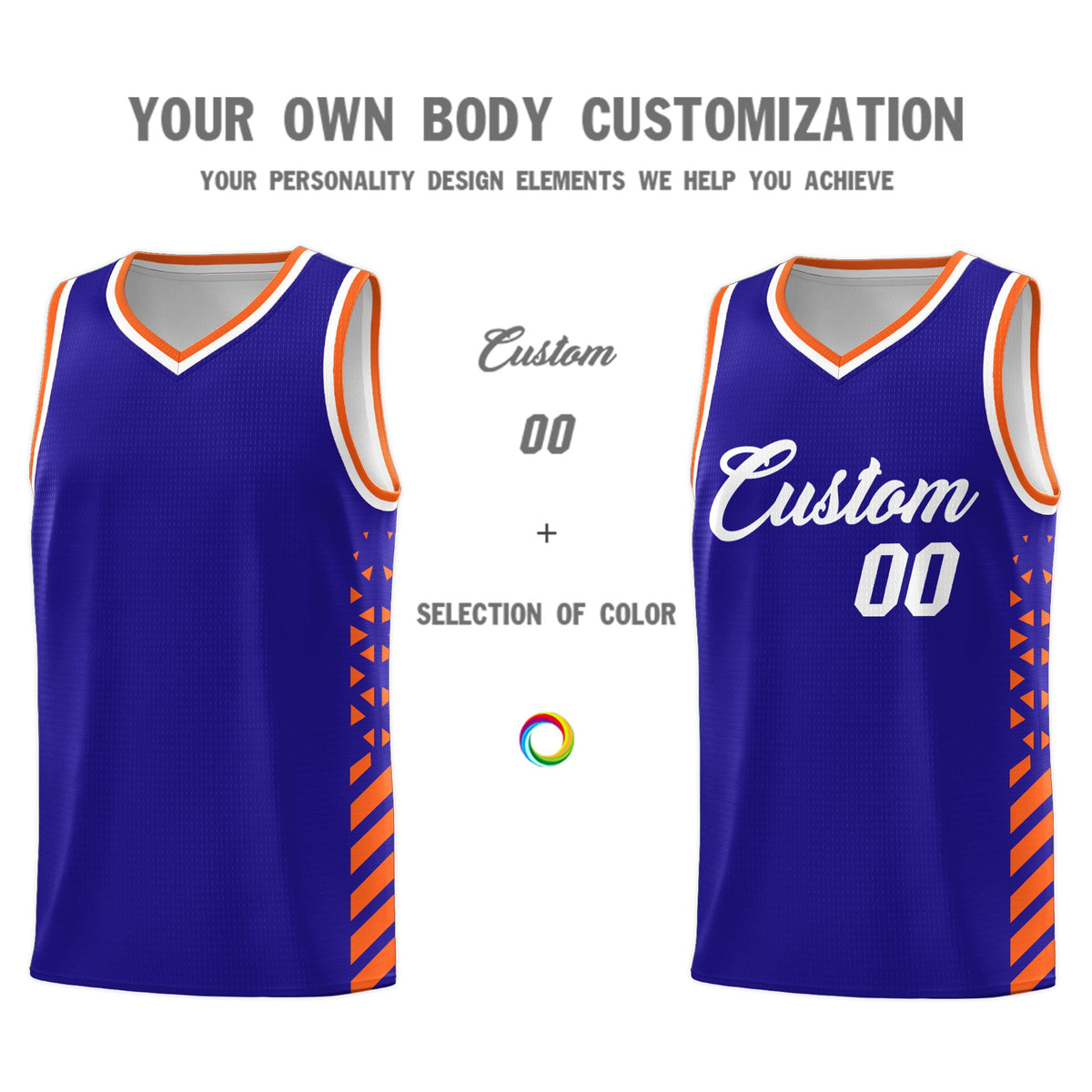 Custom Royal Blue Orange White Side Diamond Shapes Stripes Basketball Jersey | For Men,Sublimation Printed,Perfect for Teams,Perfect for Coaches | KXKSHOP
