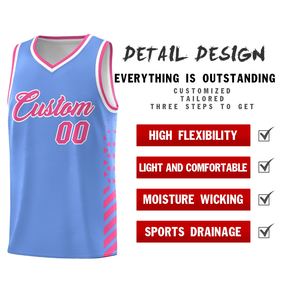 Custom Light Blue Pink White Side Diamond Shapes Stripes Basketball Jersey | For Men,Sublimation Printed,Perfect for Teams,Perfect for Coaches | KXKSHOP