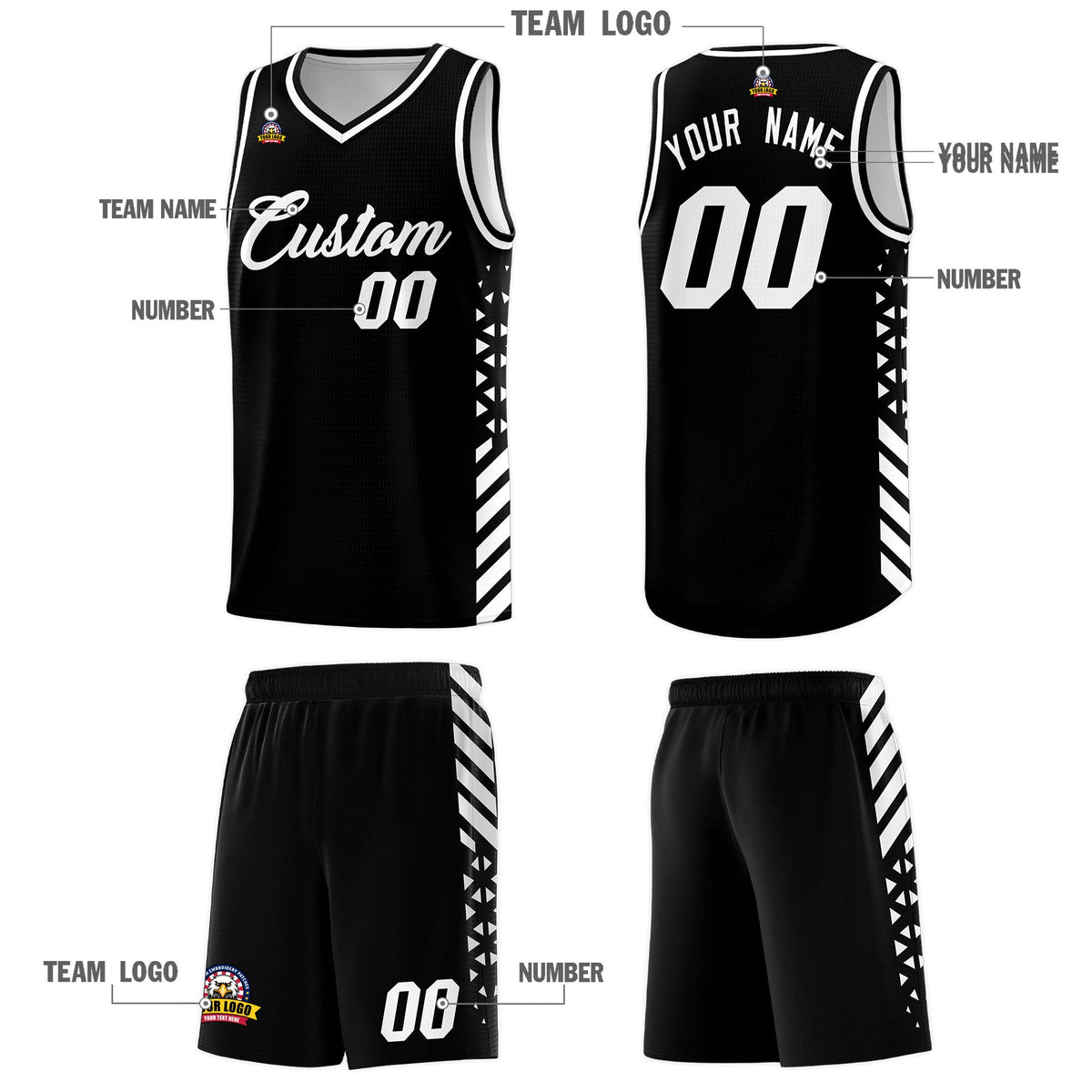 Custom Black White Side Diamond Shapes Stripes Basketball Jersey | For Men,Sublimation Printed,Perfect for Teams,Perfect for Coaches | KXKSHOP