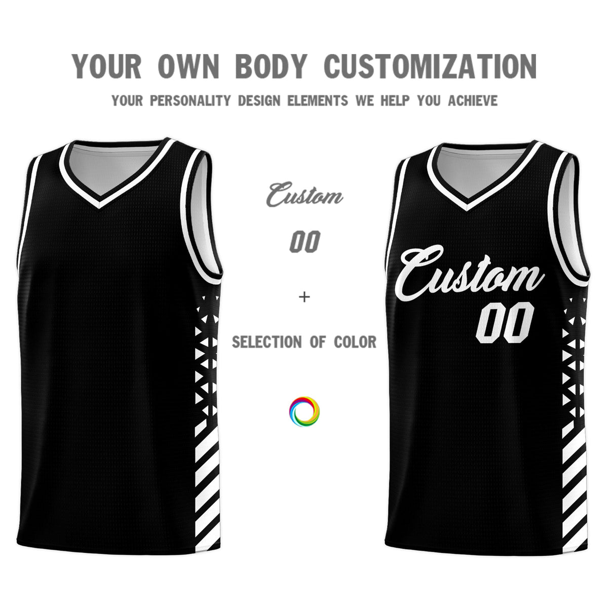 Custom Black White Side Diamond Shapes Stripes Basketball Jersey | For Men,Sublimation Printed,Perfect for Teams,Perfect for Coaches | KXKSHOP