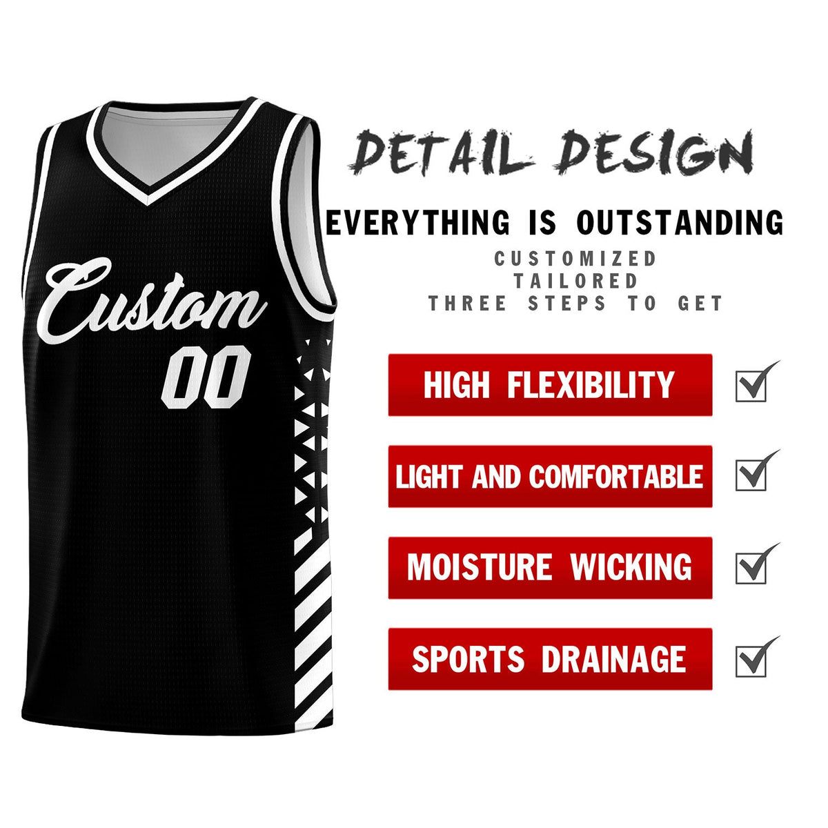 Custom Black White Side Diamond Shapes Stripes Basketball Jersey | For Men,Sublimation Printed,Perfect for Teams,Perfect for Coaches | KXKSHOP