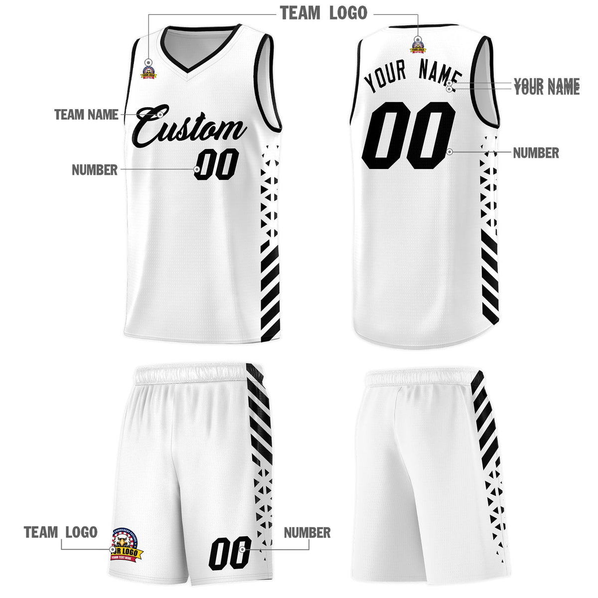 Custom White Black Side Diamond Shapes Stripes Basketball Jersey | For Men,Sublimation Printed,Perfect for Teams,Perfect for Coaches | KXKSHOP