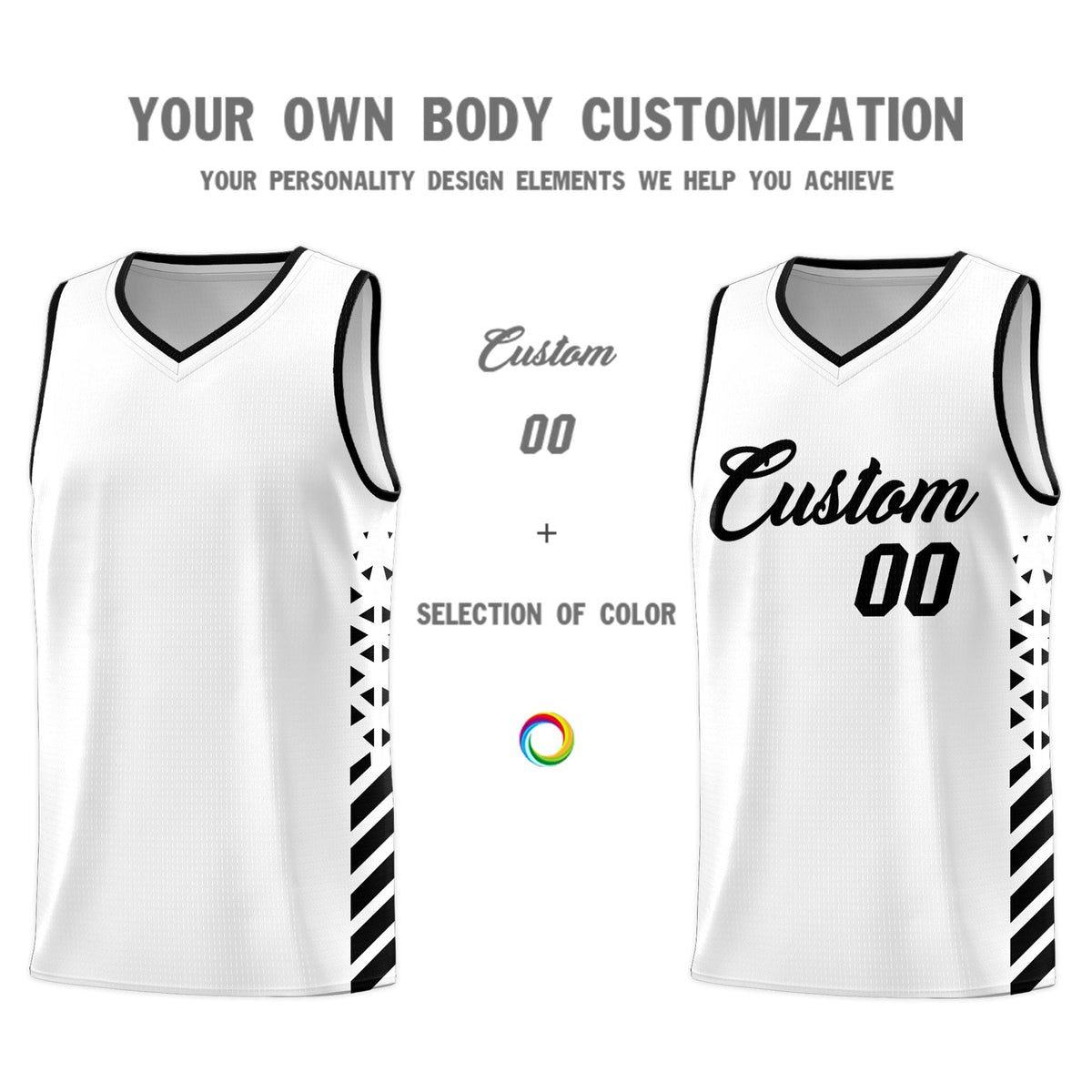 Custom White Black Side Diamond Shapes Stripes Basketball Jersey | For Men,Sublimation Printed,Perfect for Teams,Perfect for Coaches | KXKSHOP