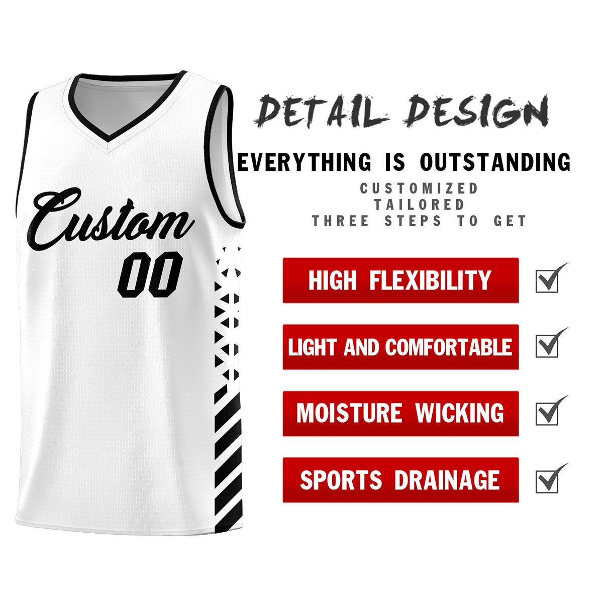 Custom White Black Side Diamond Shapes Stripes Basketball Jersey | For Men,Sublimation Printed,Perfect for Teams,Perfect for Coaches | KXKSHOP