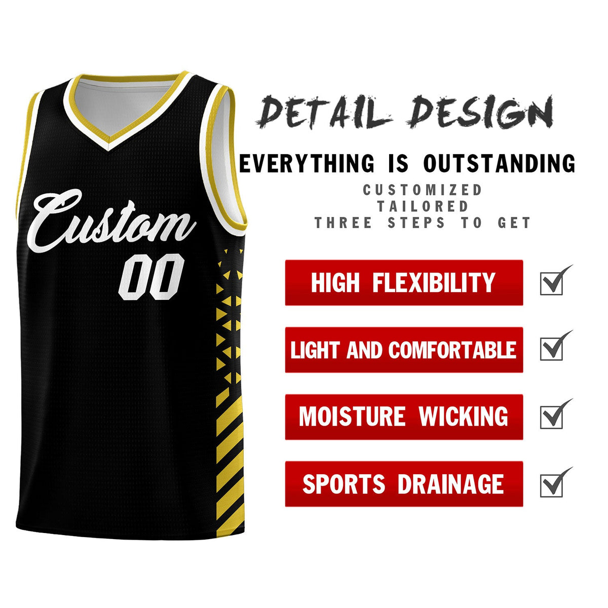 Custom Black Old Gold White Side Diamond Shapes Stripes Basketball Jersey | For Men,Sublimation Printed,Perfect for Teams,Perfect for Coaches | KXKSHOP