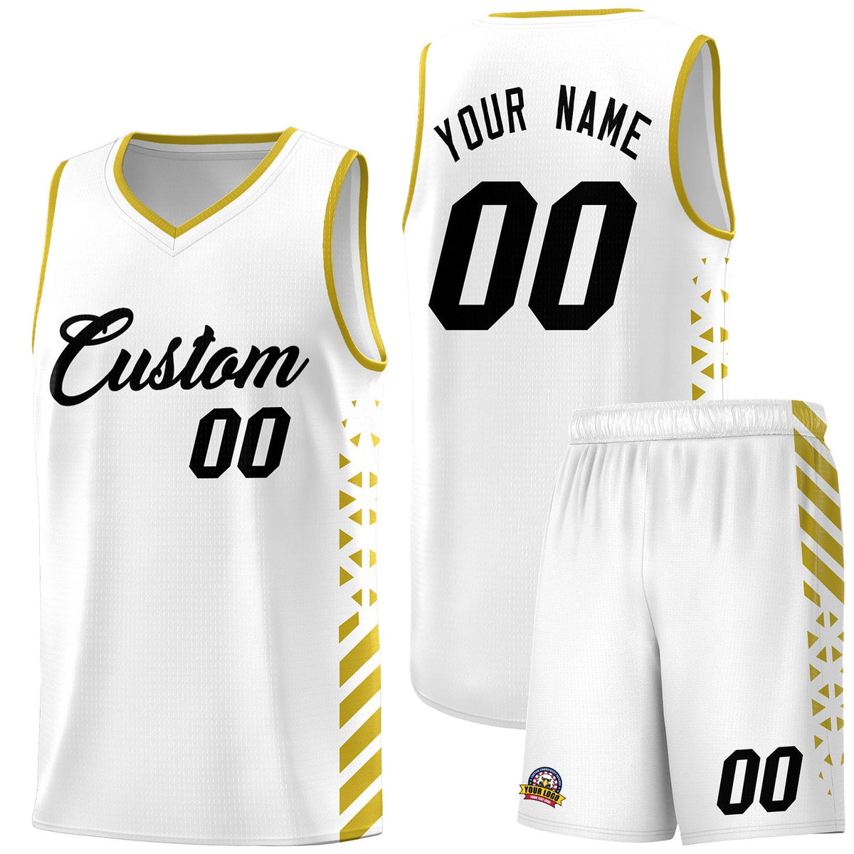 Custom White Old Gold Side Diamond Shapes Stripes Basketball Jersey | For Men,Sublimation Printed,Perfect for Teams,Perfect for Coaches | KXKSHOP