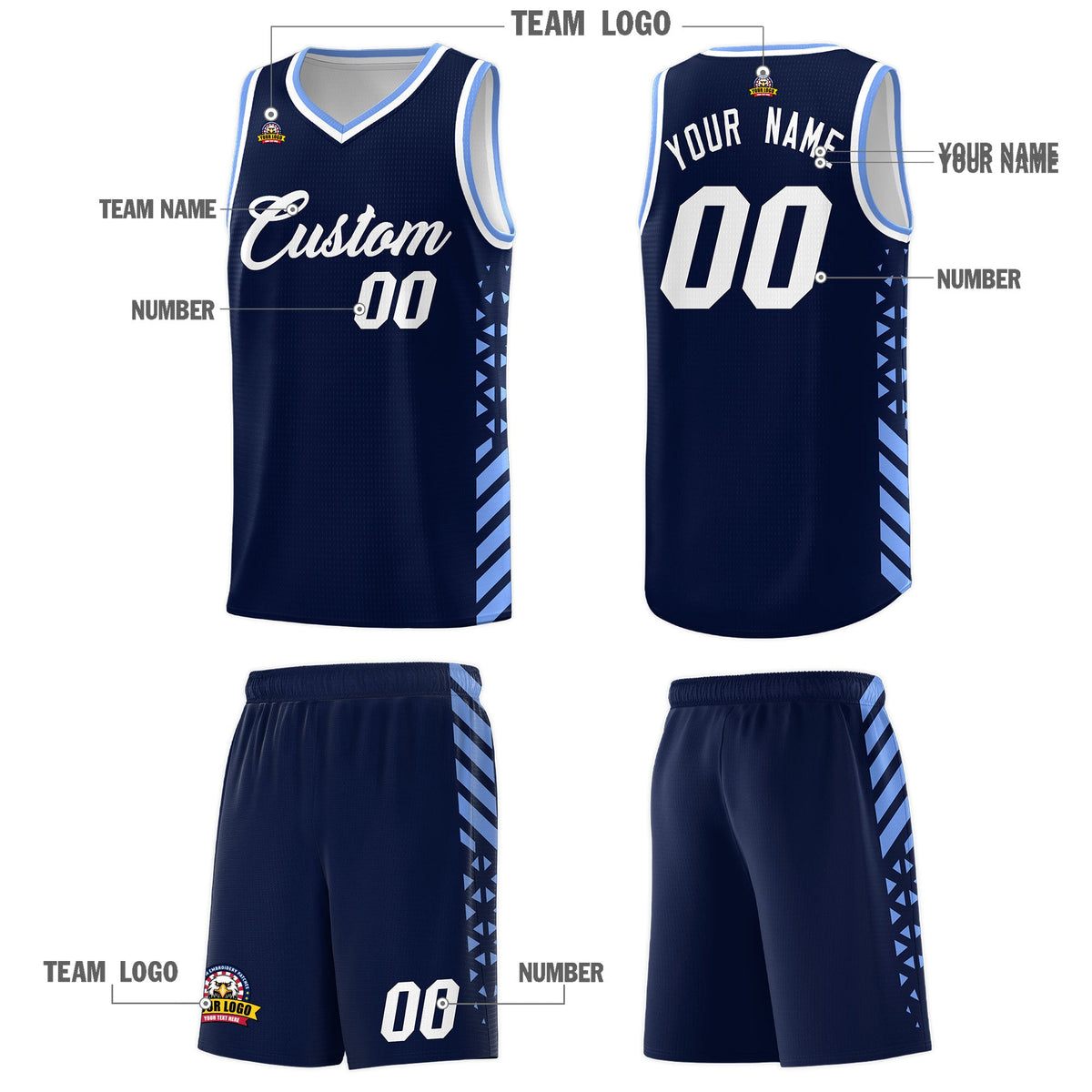Custom Navy Light Blue White Side Diamond Shapes Stripes Basketball Jersey | For Men,Sublimation Printed,Perfect for Teams,Perfect for Coaches | KXKSHOP