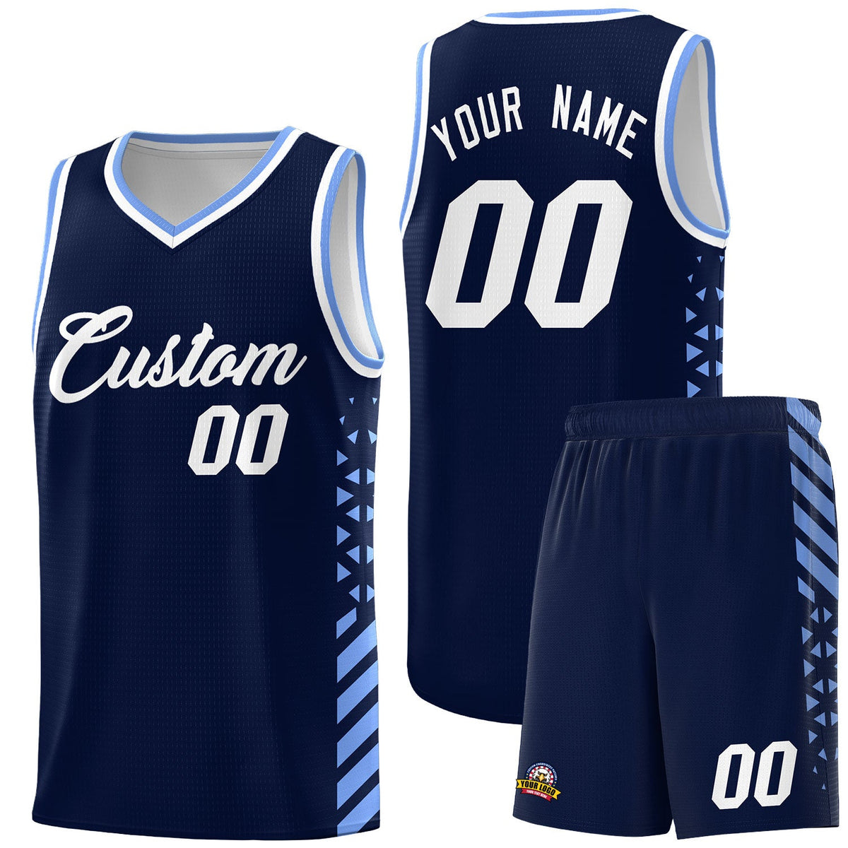 Custom Navy Light Blue White Side Diamond Shapes Stripes Basketball Jersey | For Men,Sublimation Printed,Perfect for Teams,Perfect for Coaches | KXKSHOP