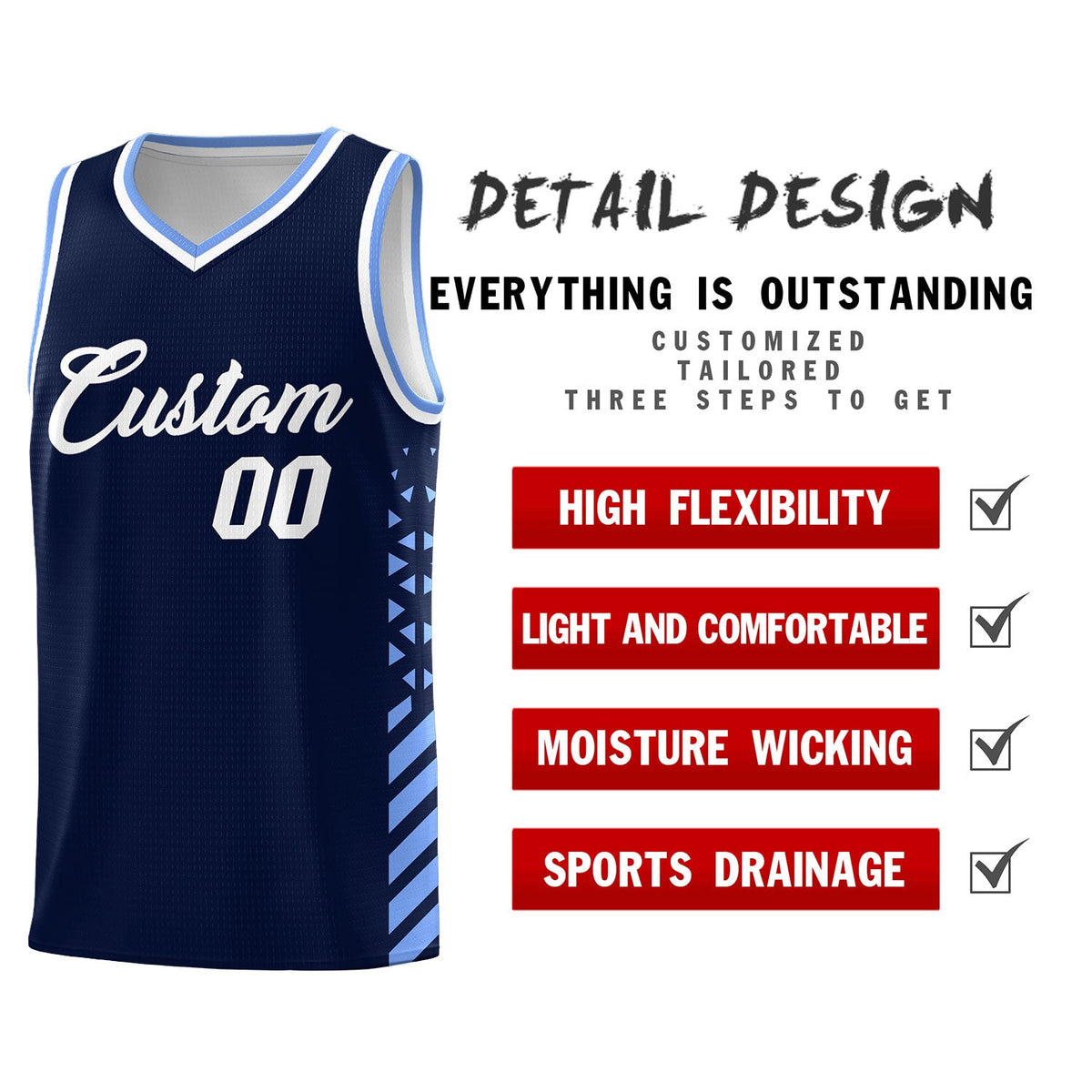 Custom Navy Light Blue White Side Diamond Shapes Stripes Basketball Jersey | For Men,Sublimation Printed,Perfect for Teams,Perfect for Coaches | KXKSHOP