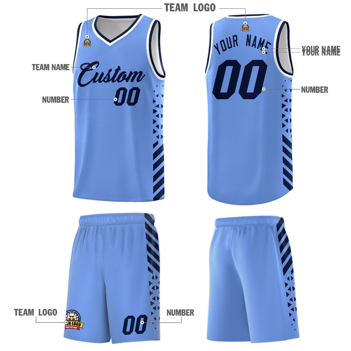 Custom Light Blue Navy White Side Diamond Shapes Stripes Basketball Jersey | For Men,Sublimation Printed,Perfect for Teams,Perfect for Coaches | KXKSHOP