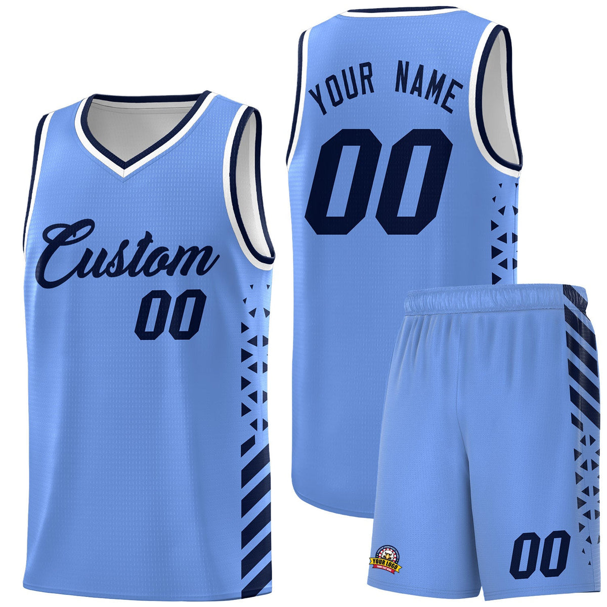 Custom Light Blue Navy White Side Diamond Shapes Stripes Basketball Jersey | For Men,Sublimation Printed,Perfect for Teams,Perfect for Coaches | KXKSHOP