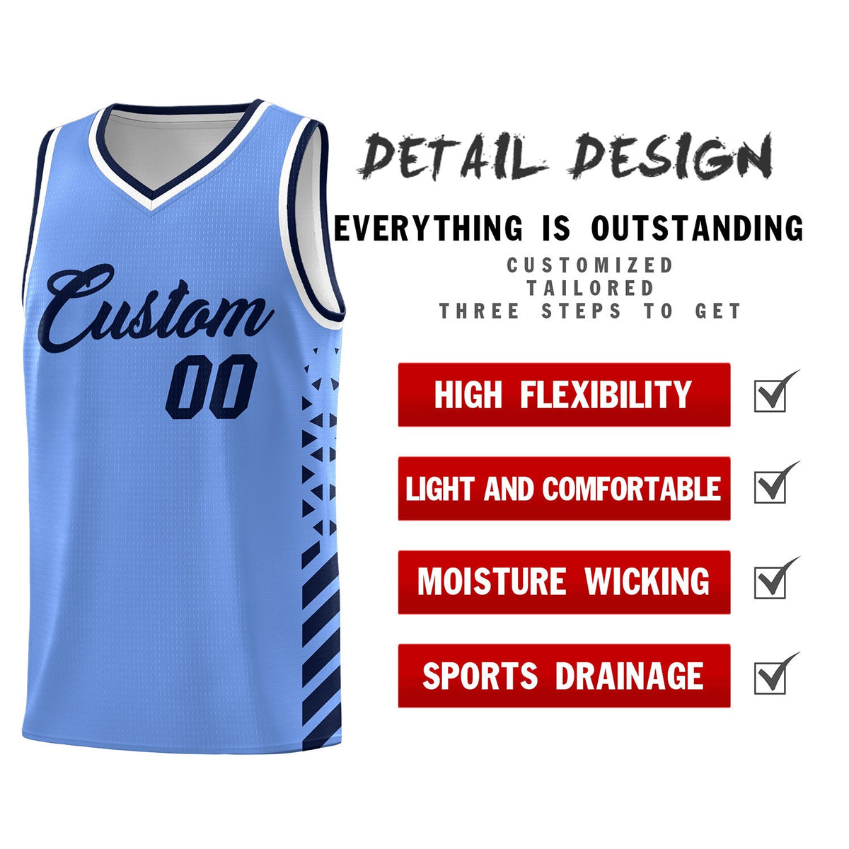 Custom Light Blue Navy White Side Diamond Shapes Stripes Basketball Jersey | For Men,Sublimation Printed,Perfect for Teams,Perfect for Coaches | KXKSHOP