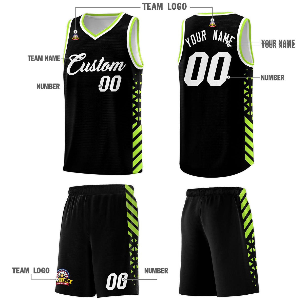 Custom Black Neon Green White Side Diamond Shapes Stripes Basketball Jersey | For Men,Sublimation Printed,Perfect for Teams,Perfect for Coaches | KXKSHOP