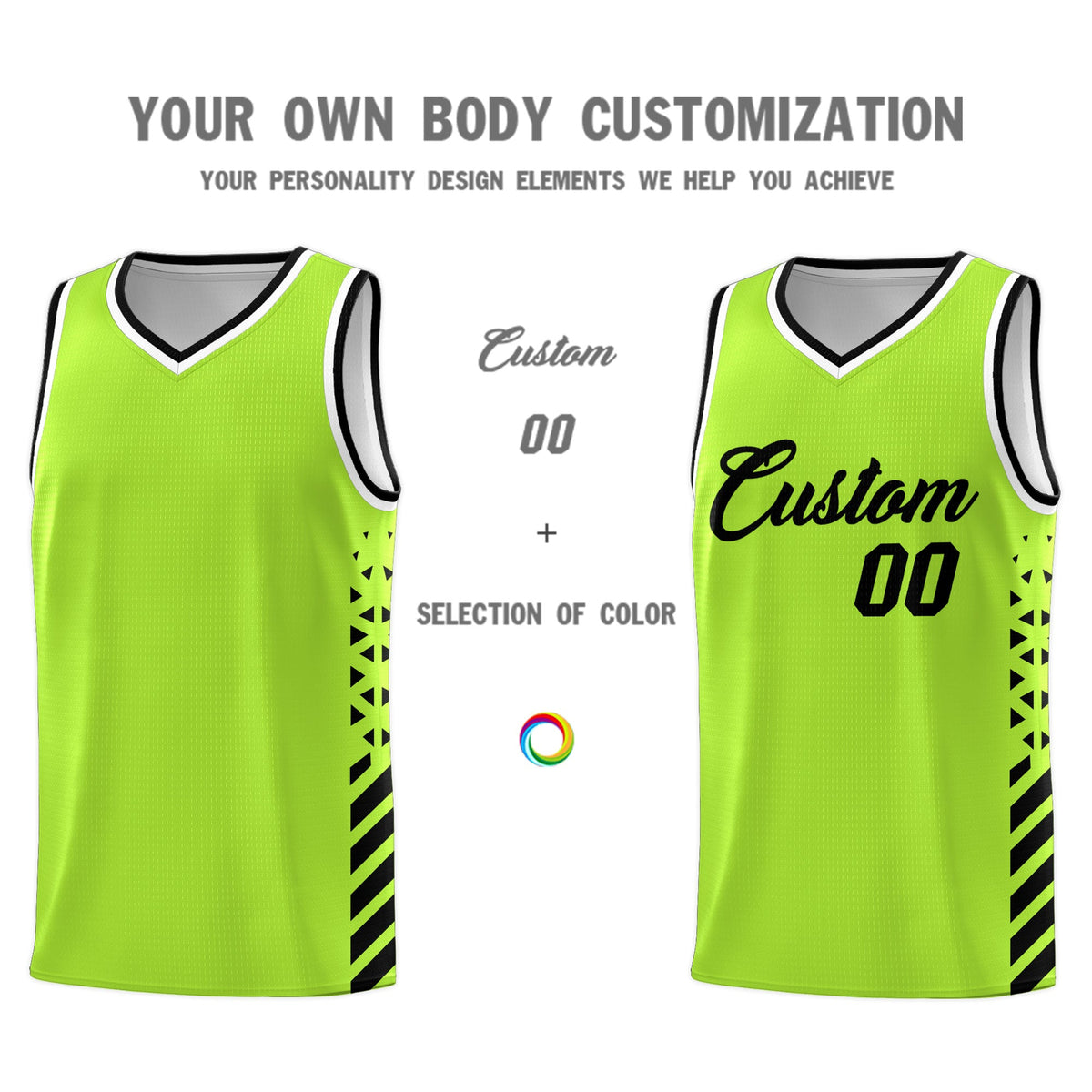 Custom Neon Green Black White Side Diamond Shapes Stripes Basketball Jersey | For Men,Sublimation Printed,Perfect for Teams,Perfect for Coaches | KXKSHOP