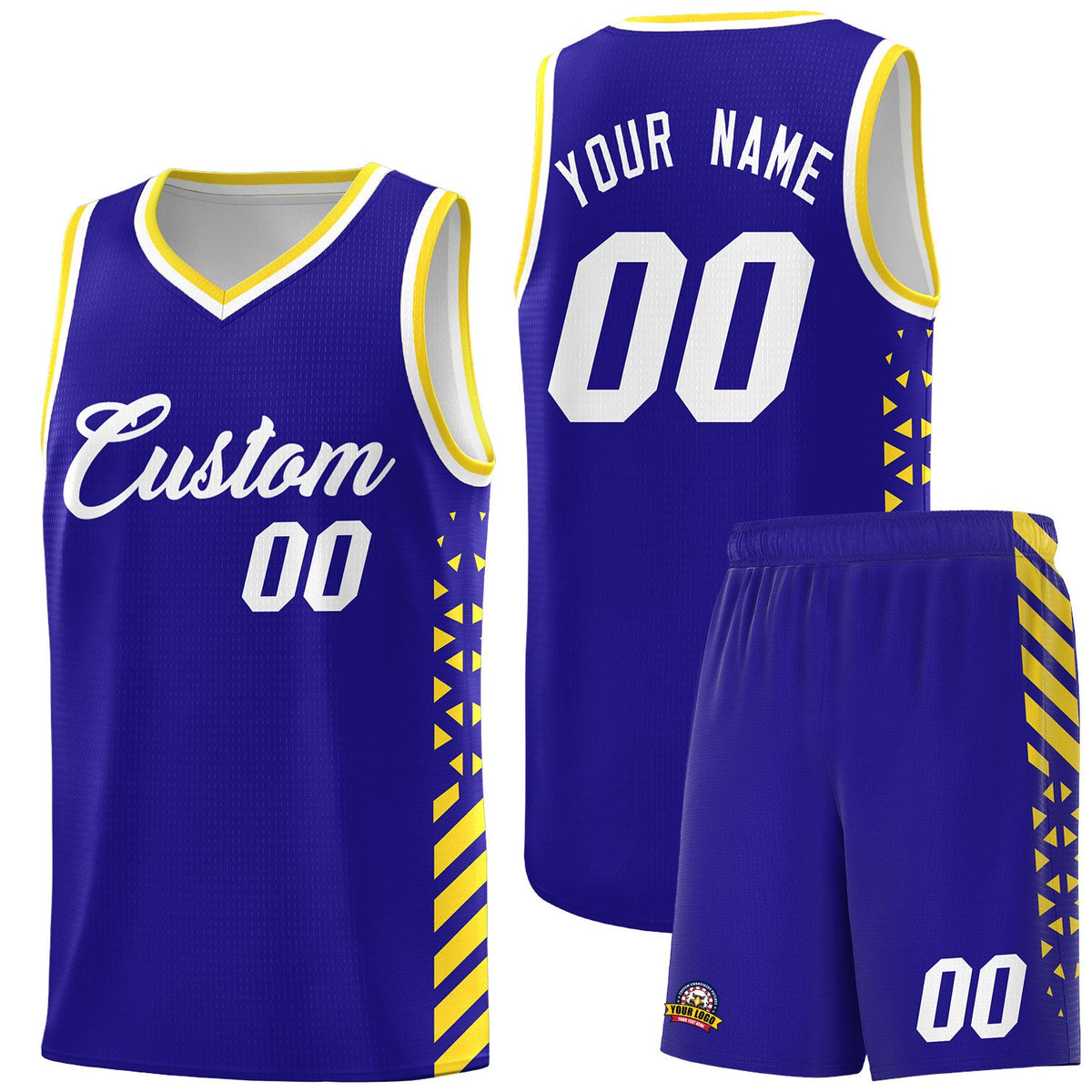 Custom Royal Blue Gold White Side Diamond Shapes Stripes Basketball Jersey | For Men,Sublimation Printed,Perfect for Teams,Perfect for Coaches | KXKSHOP