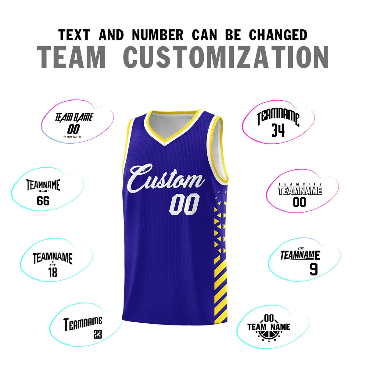 Custom Royal Blue Gold White Side Diamond Shapes Stripes Basketball Jersey | For Men,Sublimation Printed,Perfect for Teams,Perfect for Coaches | KXKSHOP