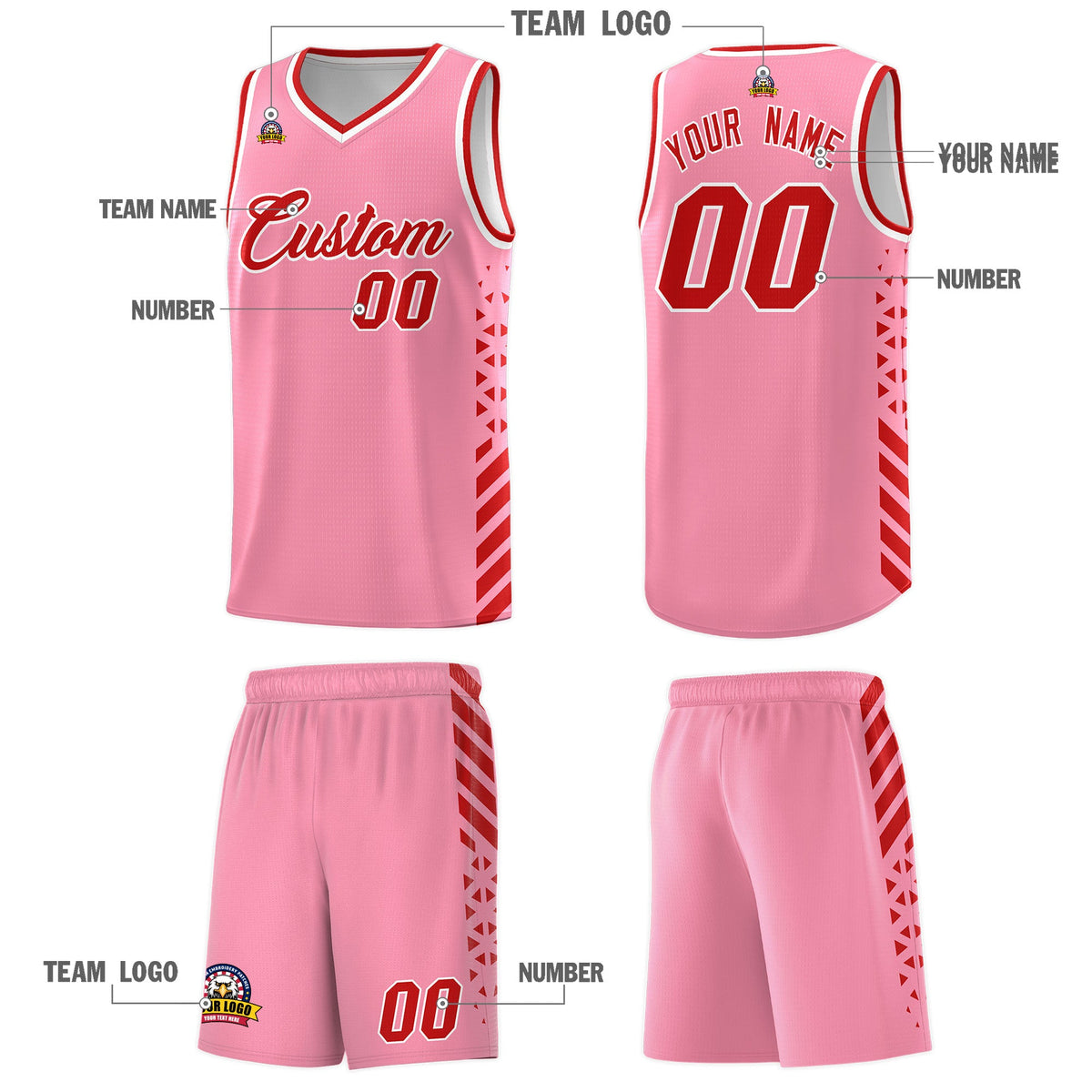 Custom Light Pink Red White Side Diamond Shapes Stripes Basketball Jersey | For Men,Sublimation Printed,Perfect for Teams,Perfect for Coaches | KXKSHOP