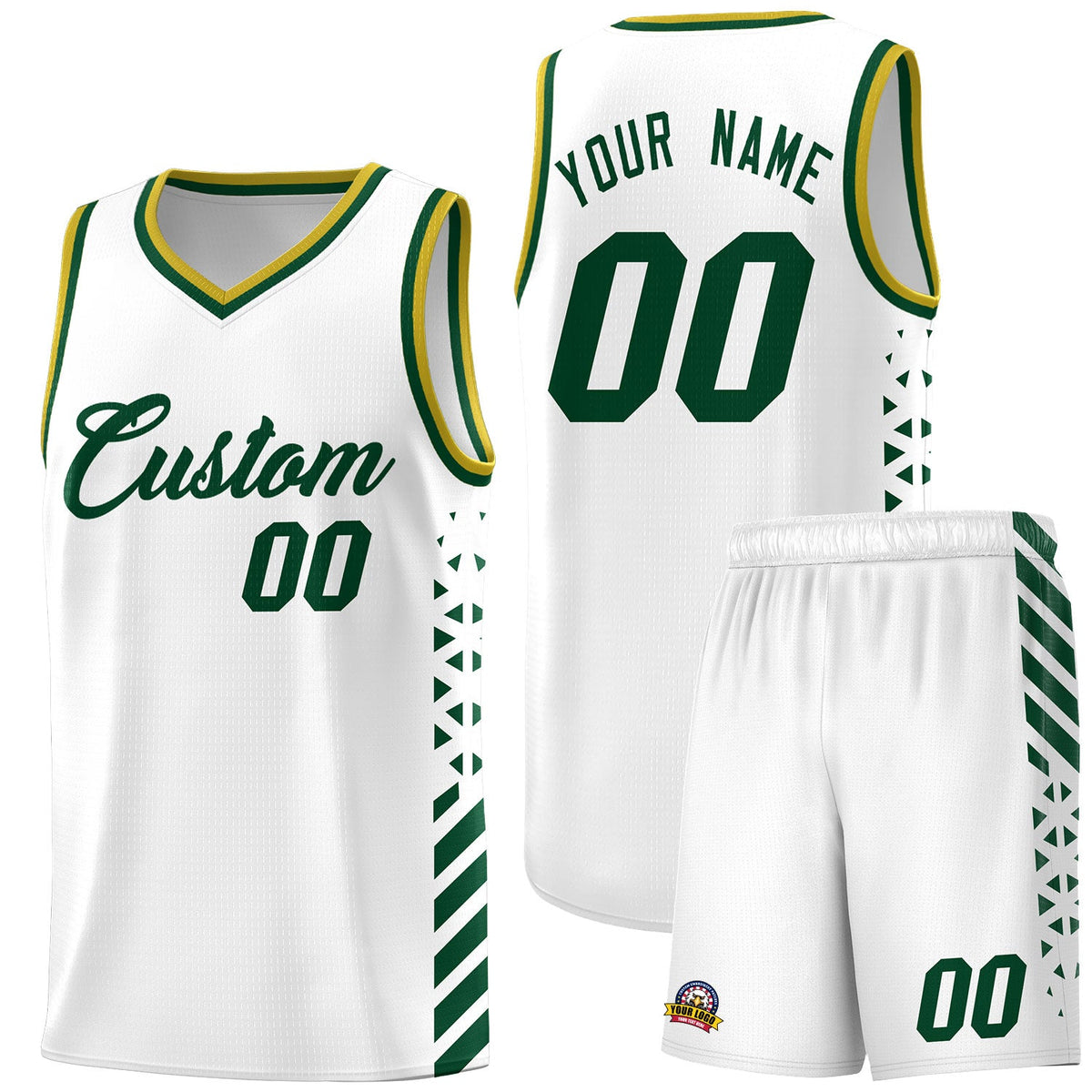 Custom White Hunter Green Old Gold Side Diamond Shapes Stripes Basketball Jersey | For Men,Sublimation Printed,Perfect for Teams,Perfect for Coaches | KXKSHOP