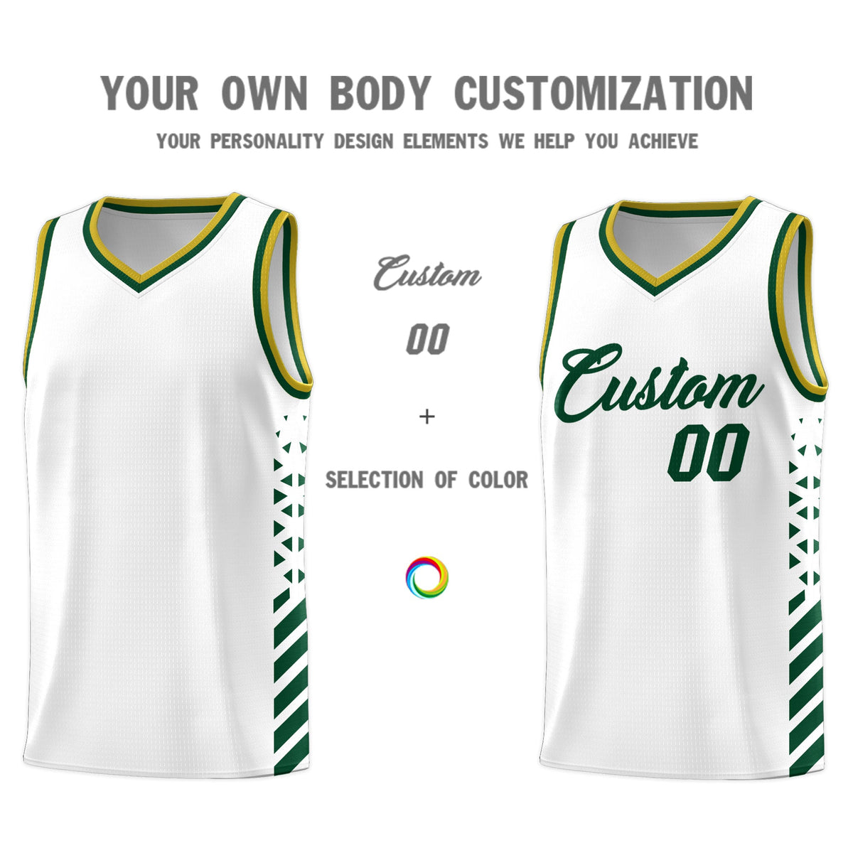 Custom White Hunter Green Old Gold Side Diamond Shapes Stripes Basketball Jersey | For Men,Sublimation Printed,Perfect for Teams,Perfect for Coaches | KXKSHOP
