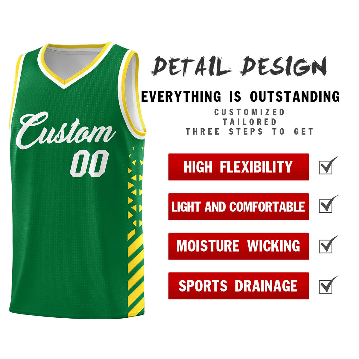 Custom Kelly Green Gold White Side Diamond Shapes Stripes Basketball Jersey | For Men,Sublimation Printed,Perfect for Teams,Perfect for Coaches | KXKSHOP