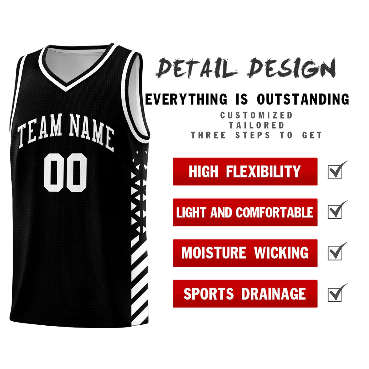 Custom Black White Side Diamond Shapes Stripes Basketball Jersey | For Men,Sublimation Printed,Perfect for Teams,Perfect for Coaches | KXKSHOP