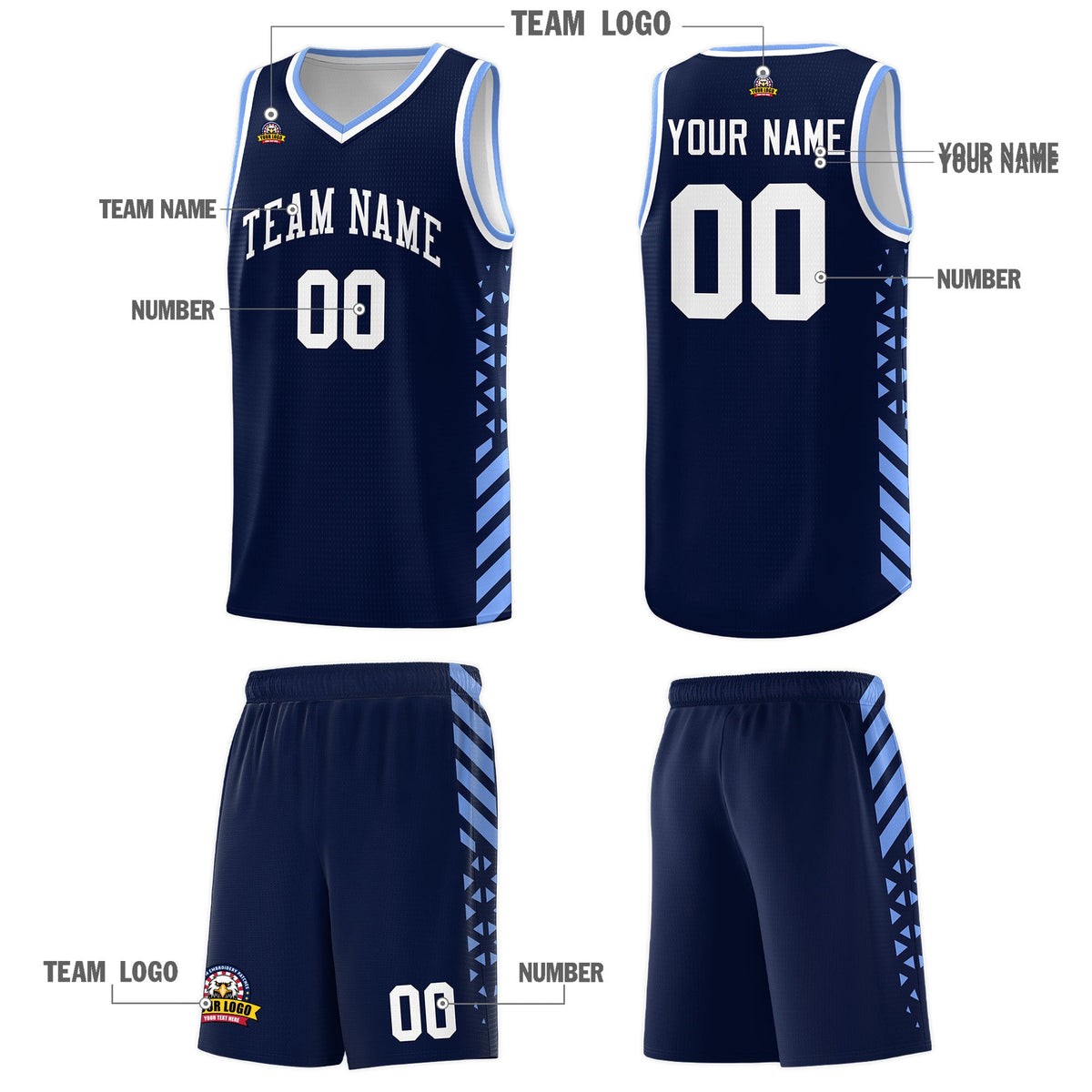 Custom Navy Light Blue White Side Diamond Shapes Stripes Basketball Jersey | For Men,Sublimation Printed,Perfect for Teams,Perfect for Coaches | KXKSHOP