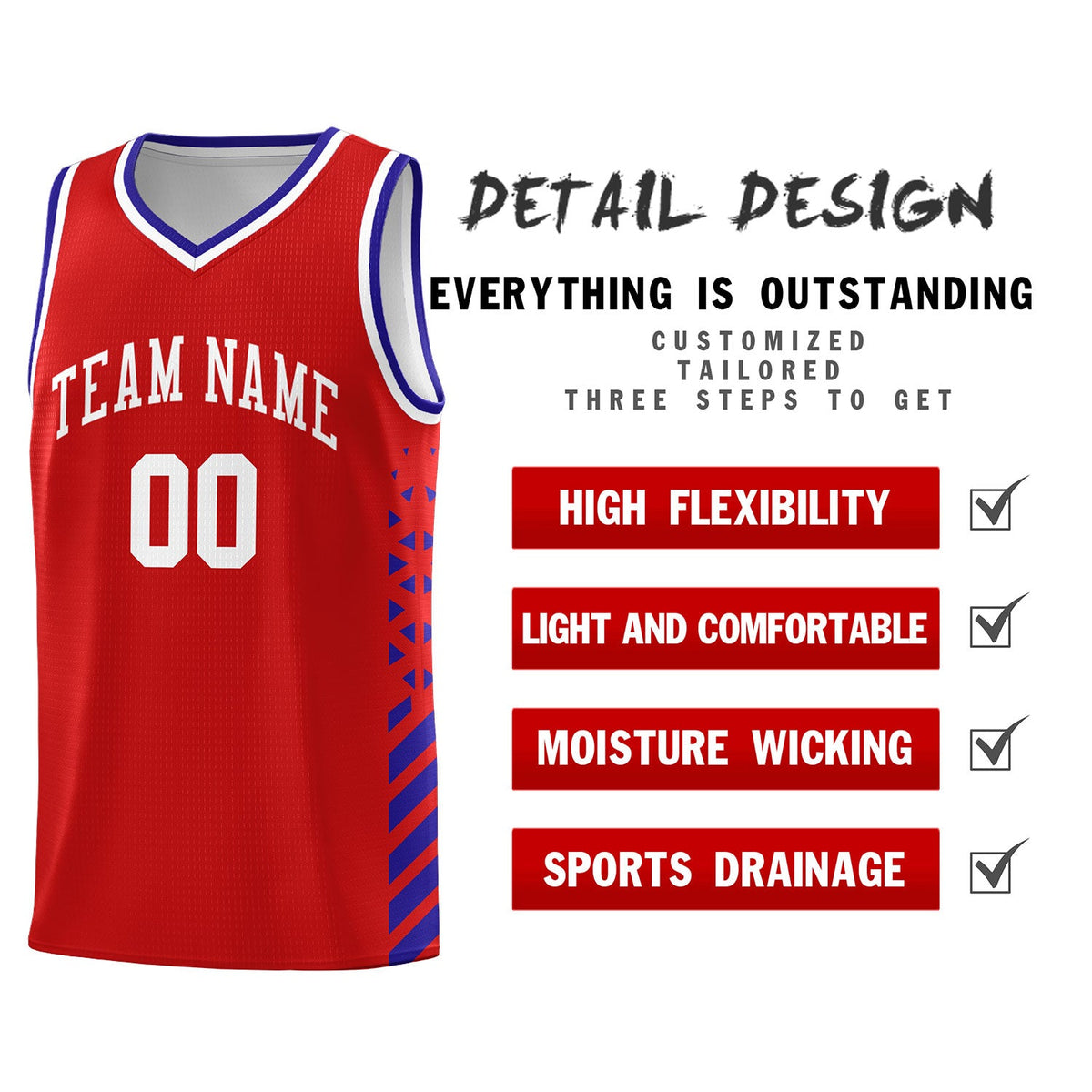 Custom Red Royal Blue White Side Diamond Shapes Stripes Basketball Jersey | For Men,Sublimation Printed,Perfect for Teams,Perfect for Coaches | KXKSHOP