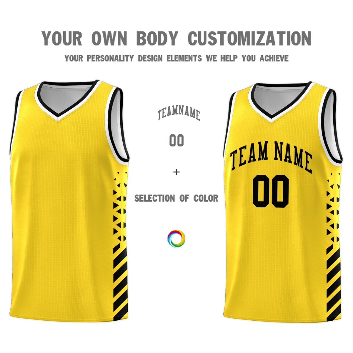 Custom Gold Black White Side Diamond Shapes Stripes Basketball Jersey | For Men,Sublimation Printed,Perfect for Teams,Perfect for Coaches | KXKSHOP