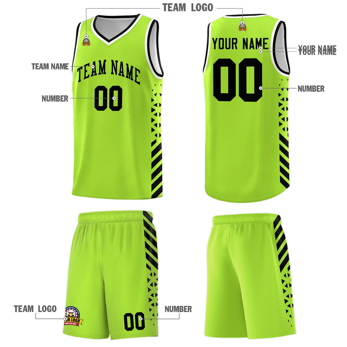 Custom Neon Green Black White Side Diamond Shapes Stripes Basketball Jersey | For Men,Sublimation Printed,Perfect for Teams,Perfect for Coaches | KXKSHOP