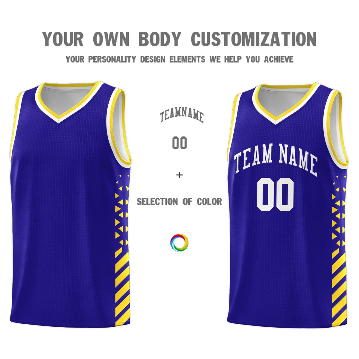 Custom Royal Blue Gold White Side Diamond Shapes Stripes Basketball Jersey | For Men,Sublimation Printed,Perfect for Teams,Perfect for Coaches | KXKSHOP