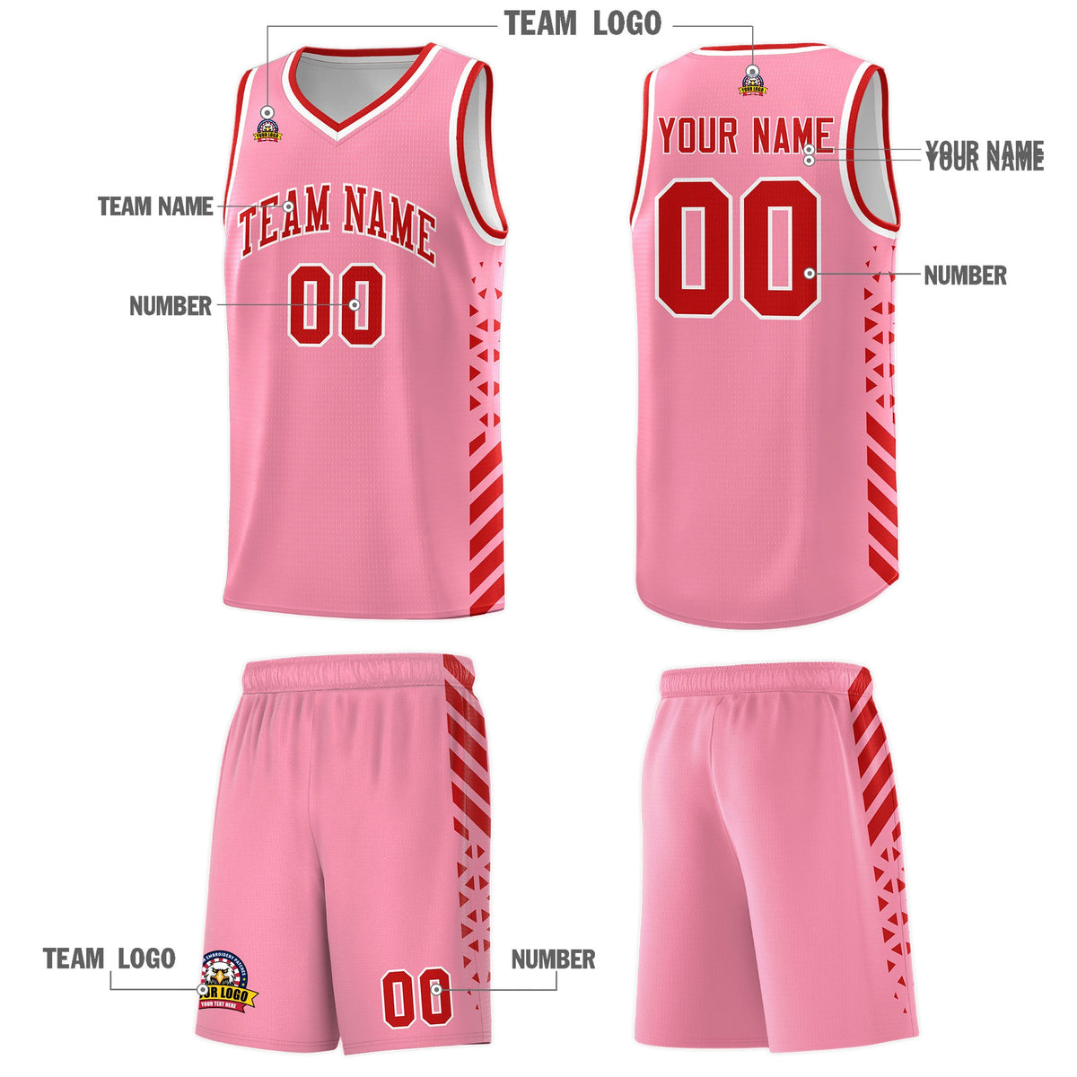 Custom Light Pink Red White Side Diamond Shapes Stripes Basketball Jersey | For Men,Sublimation Printed,Perfect for Teams,Perfect for Coaches | KXKSHOP