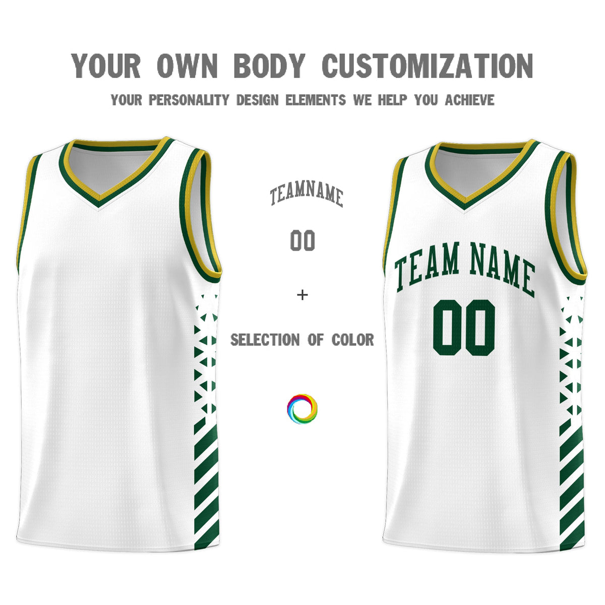 Custom White Hunter Green Old Gold Side Diamond Shapes Stripes Basketball Jersey | For Men,Sublimation Printed,Perfect for Teams,Perfect for Coaches | KXKSHOP