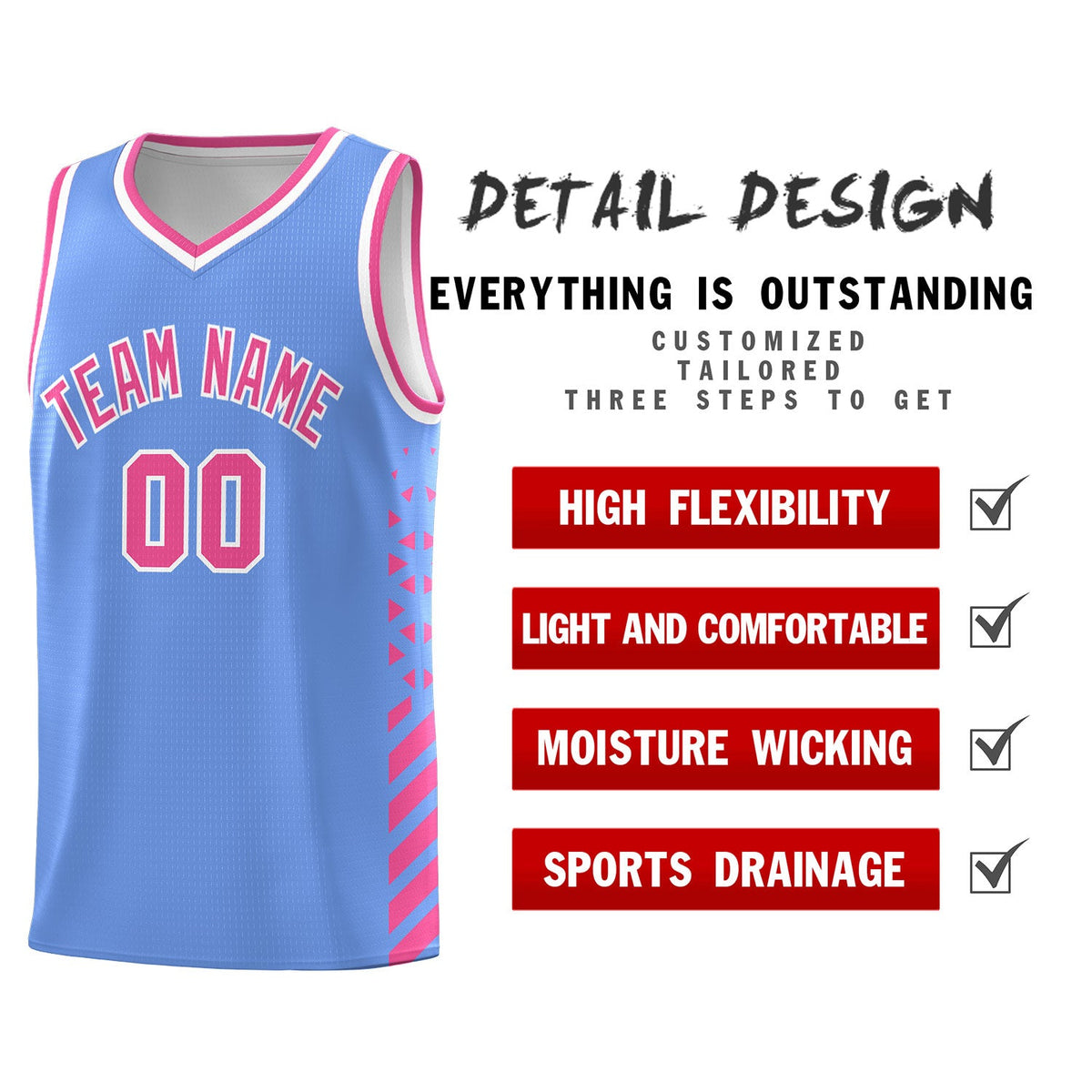 Custom Light Blue Pink White Side Diamond Shapes Stripes Basketball Jersey | For Men,Sublimation Printed,Perfect for Teams,Perfect for Coaches | KXKSHOP