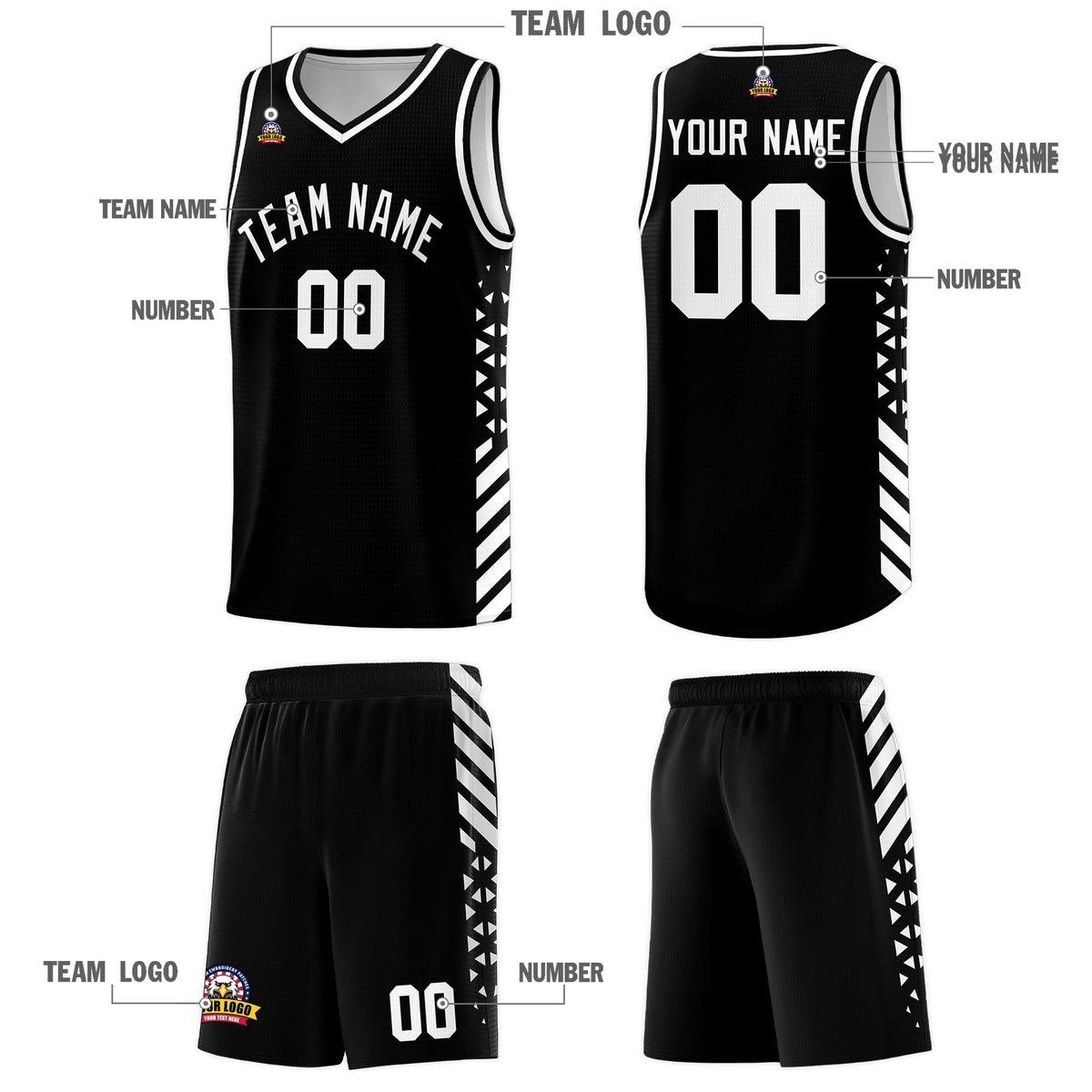 Custom Black White Side Diamond Shapes Stripes Basketball Jersey | For Men,Sublimation Printed,Perfect for Teams,Perfect for Coaches | KXKSHOP