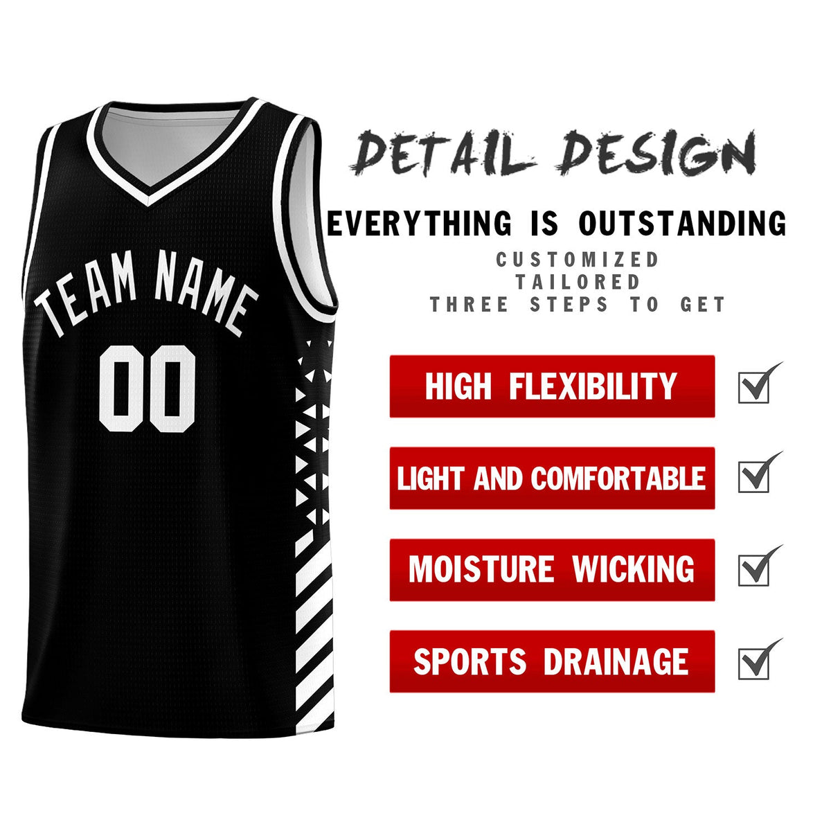 Custom Black White Side Diamond Shapes Stripes Basketball Jersey | For Men,Sublimation Printed,Perfect for Teams,Perfect for Coaches | KXKSHOP