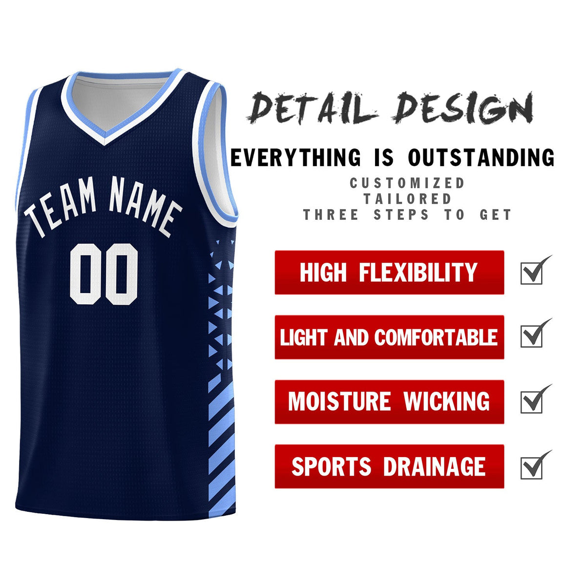 Custom Navy Light Blue White Side Diamond Shapes Stripes Basketball Jersey | For Men,Sublimation Printed,Perfect for Teams,Perfect for Coaches | KXKSHOP