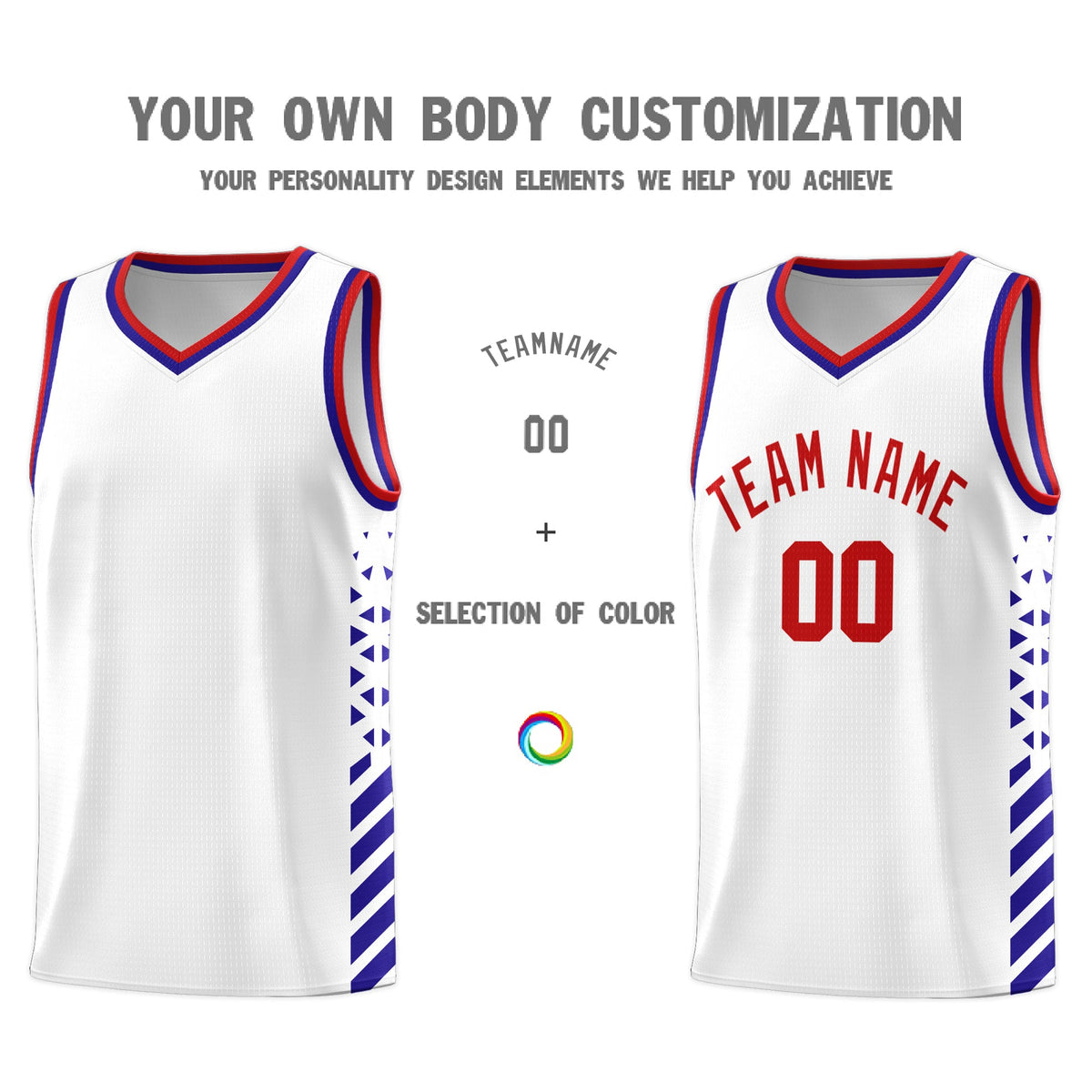Custom White Royal Blue Red Side Diamond Shapes Stripes Basketball Jersey | For Men,Sublimation Printed,Perfect for Teams,Perfect for Coaches | KXKSHOP