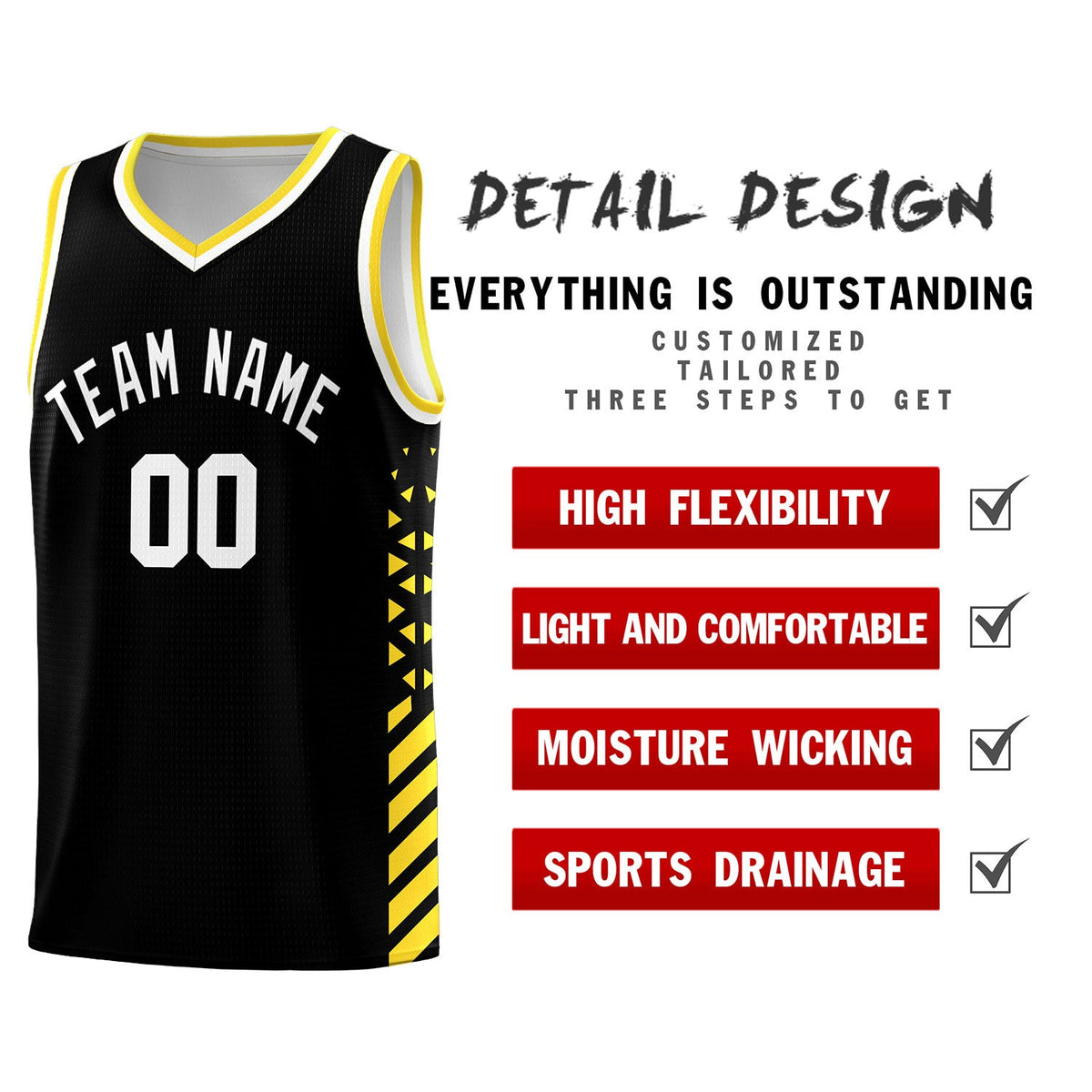 Custom Black Gold White Side Diamond Shapes Stripes Basketball Jersey | For Men,Sublimation Printed,Perfect for Teams,Perfect for Coaches | KXKSHOP