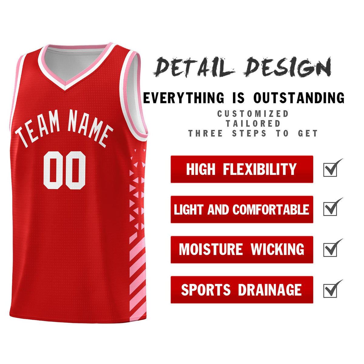 Custom Red Light Pink White Side Diamond Shapes Stripes Basketball Jersey | For Men,Sublimation Printed,Perfect for Teams,Perfect for Coaches | KXKSHOP