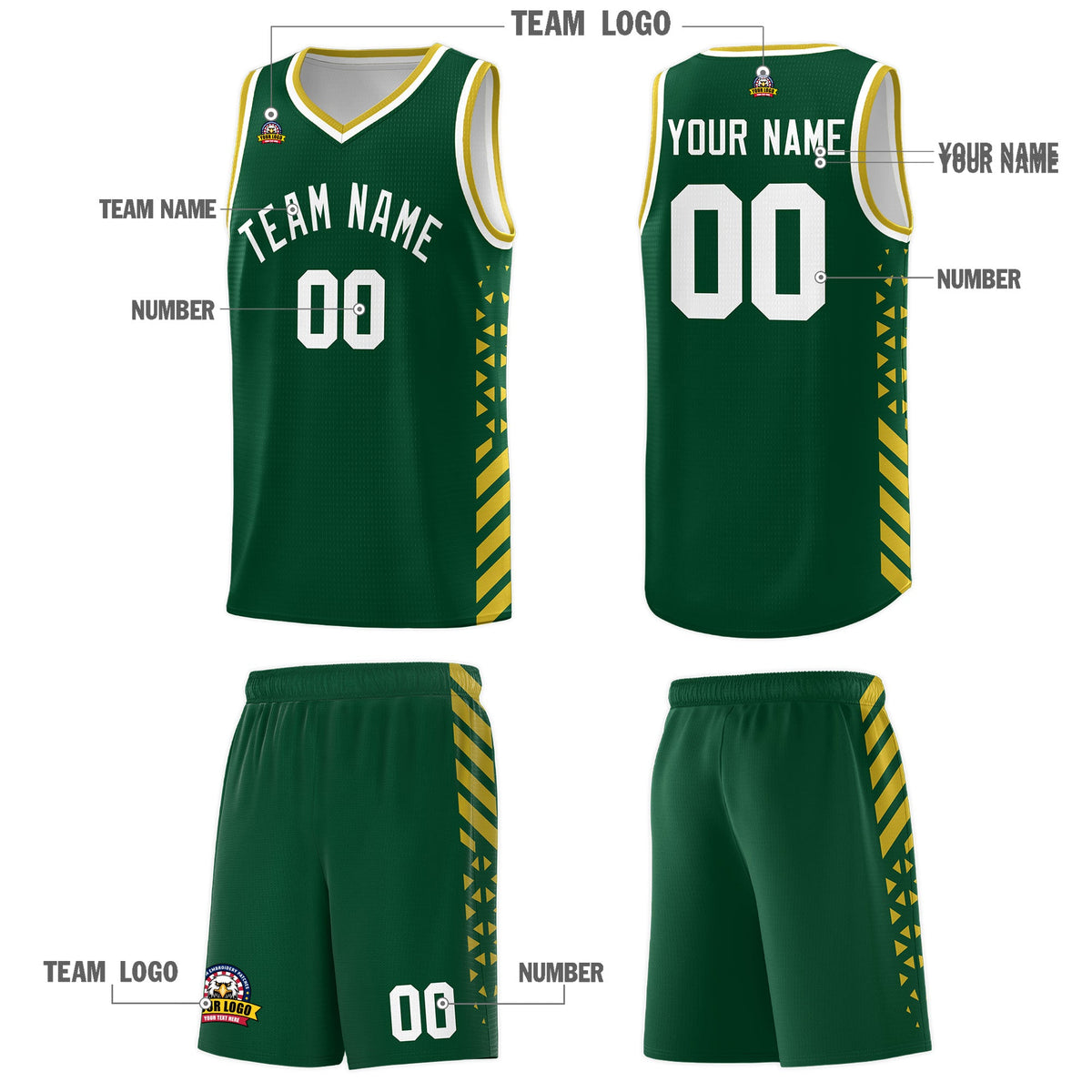 Custom Hunter Green Old Gold White Side Diamond Shapes Stripes Basketball Jersey | For Men,Sublimation Printed,Perfect for Teams,Perfect for Coaches | KXKSHOP