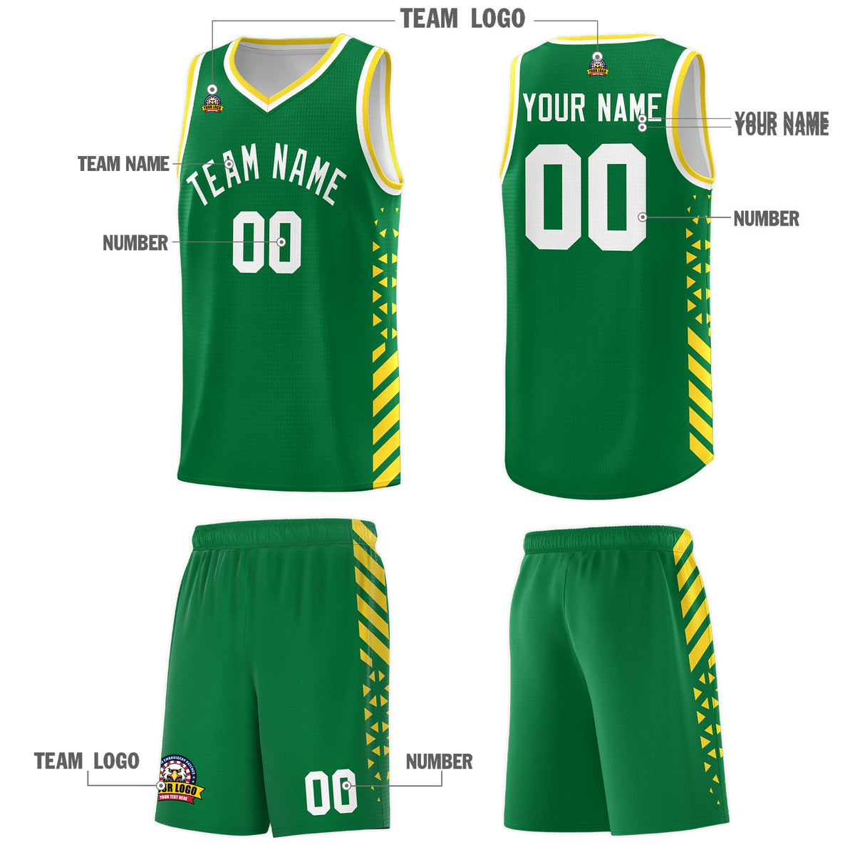 Custom Kelly Green Gold White Side Diamond Shapes Stripes Basketball Jersey | For Men,Sublimation Printed,Perfect for Teams,Perfect for Coaches | KXKSHOP