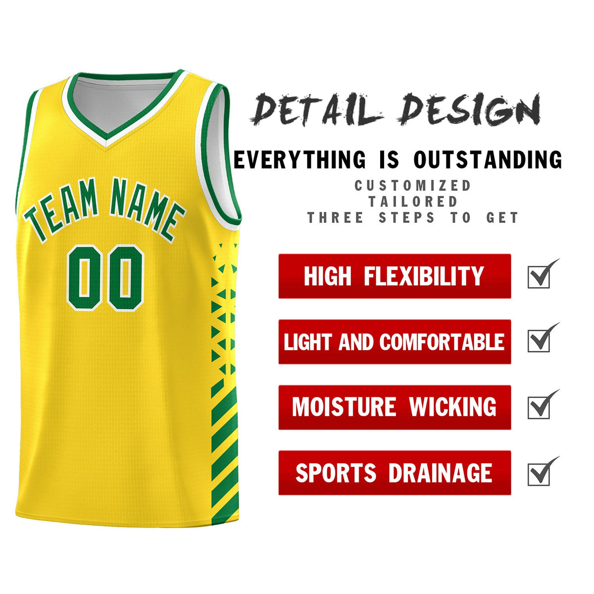 Custom Gold Kelly Green White Side Diamond Shapes Stripes Basketball Jersey | For Men,Sublimation Printed,Perfect for Teams,Perfect for Coaches | KXKSHOP