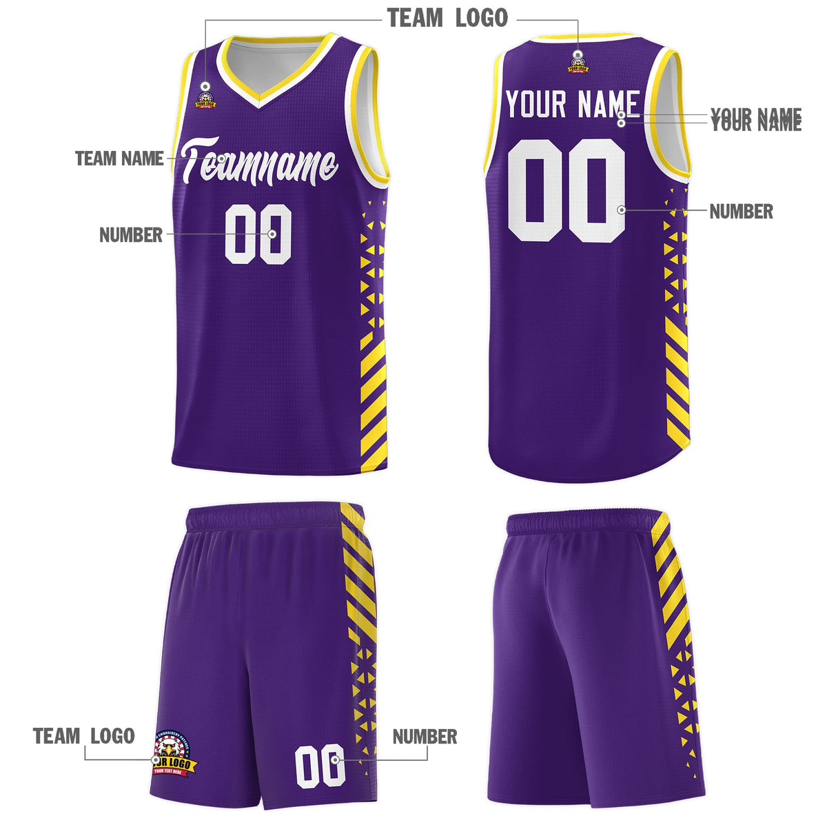 Custom Purple Gold White Side Diamond Shapes Stripes Basketball Jersey | For Men,Sublimation Printed,Perfect for Teams,Perfect for Coaches | KXKSHOP