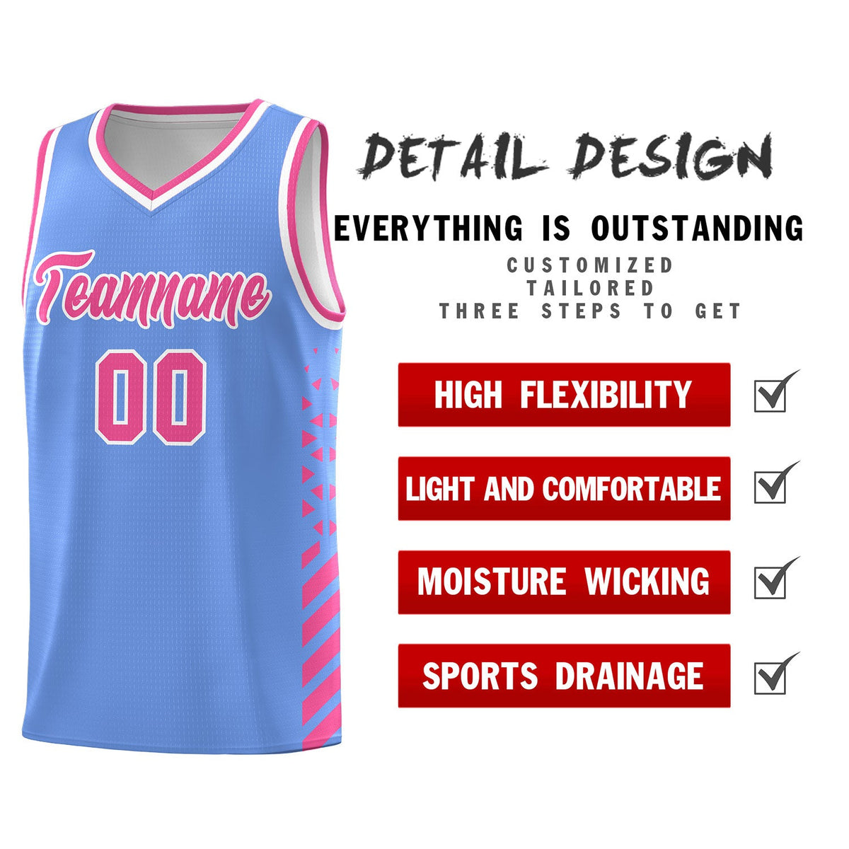 Custom Light Blue Pink White Side Diamond Shapes Stripes Basketball Jersey | For Men,Sublimation Printed,Perfect for Teams,Perfect for Coaches | KXKSHOP