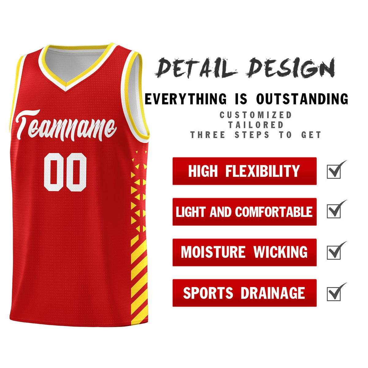 Custom Red Gold White Side Diamond Shapes Stripes Basketball Jersey | For Men,Sublimation Printed,Perfect for Teams,Perfect for Coaches | KXKSHOP