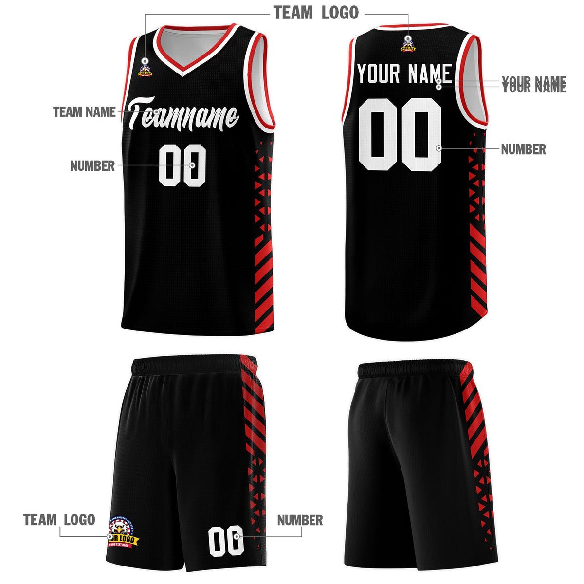 Custom Black Red White Side Diamond Shapes Stripes Basketball Jersey | For Men,Sublimation Printed,Perfect for Teams,Perfect for Coaches | KXKSHOP