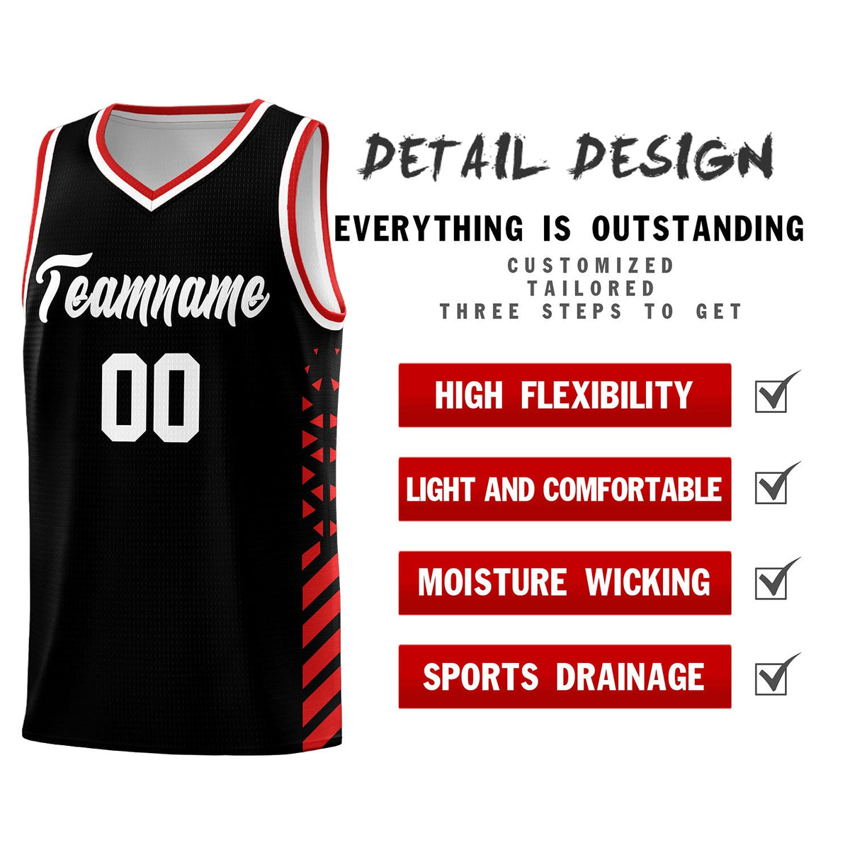 Custom Black Red White Side Diamond Shapes Stripes Basketball Jersey | For Men,Sublimation Printed,Perfect for Teams,Perfect for Coaches | KXKSHOP
